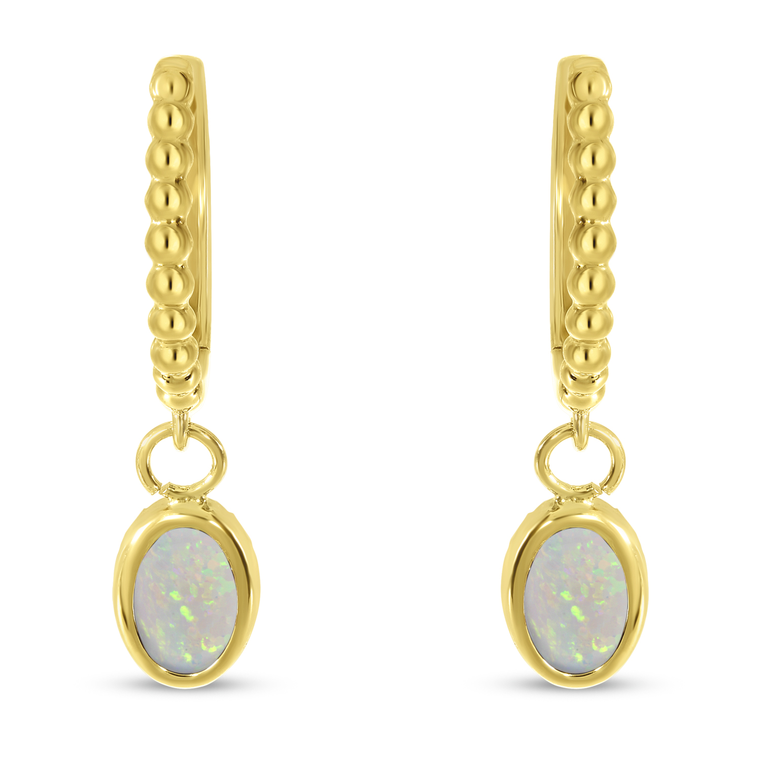 14K Yellow Gold Oval Opal Dangle Birthstone Textured Huggie Earrings