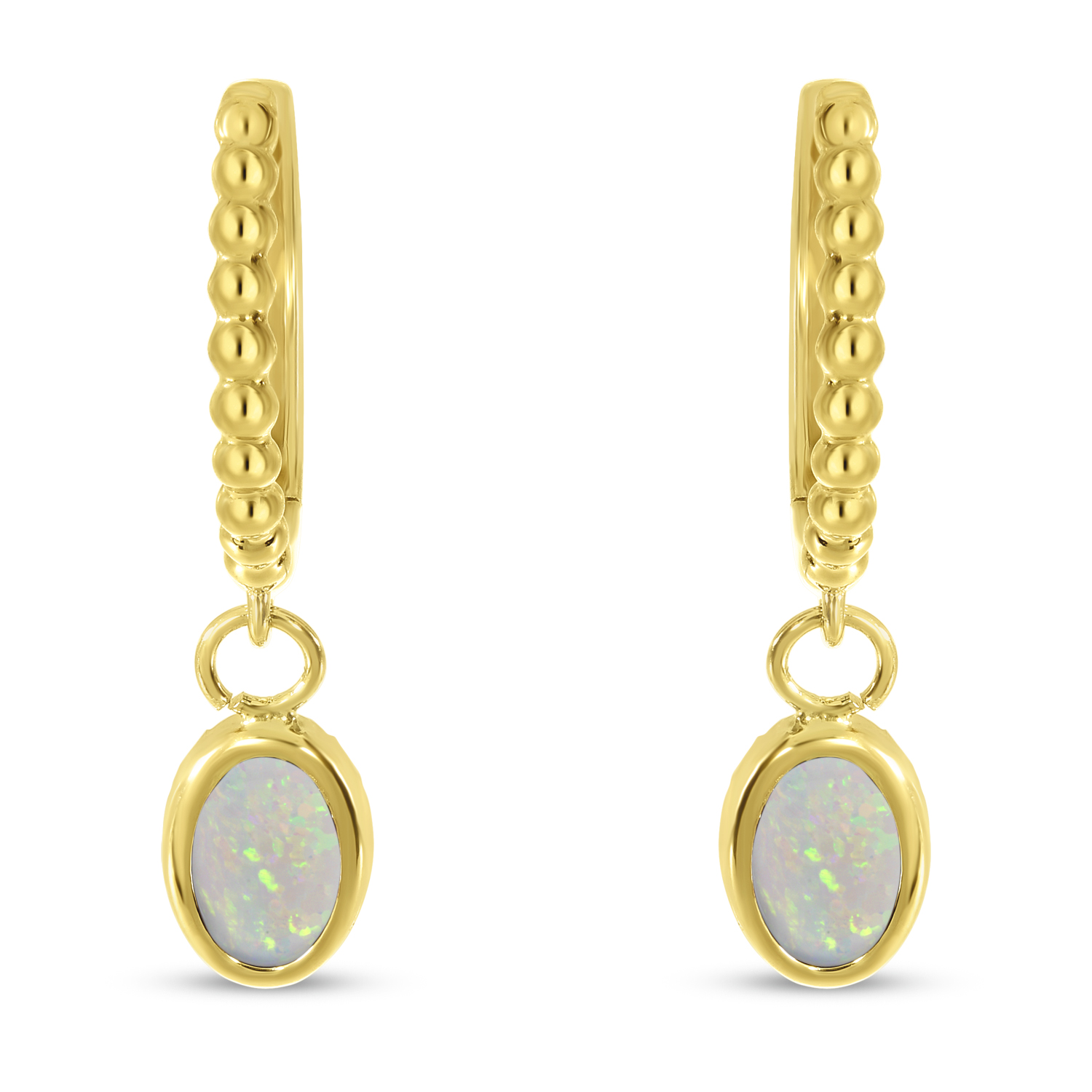 14K Yellow Gold Oval Opal Dangle Birthstone Textured Huggie Earrings