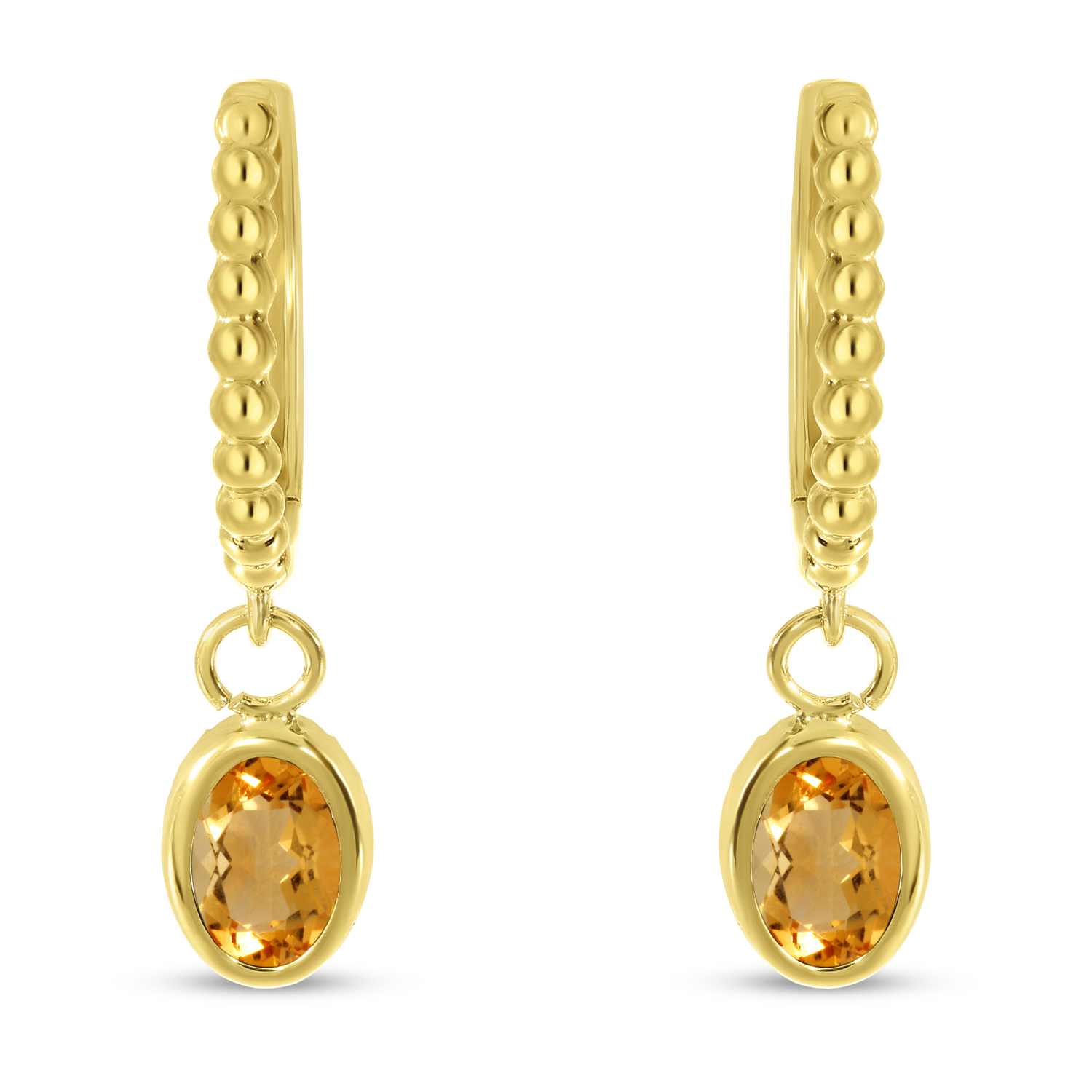 14K Yellow Gold Oval Citrine Dangle Birthstone Textured Huggie Earrings