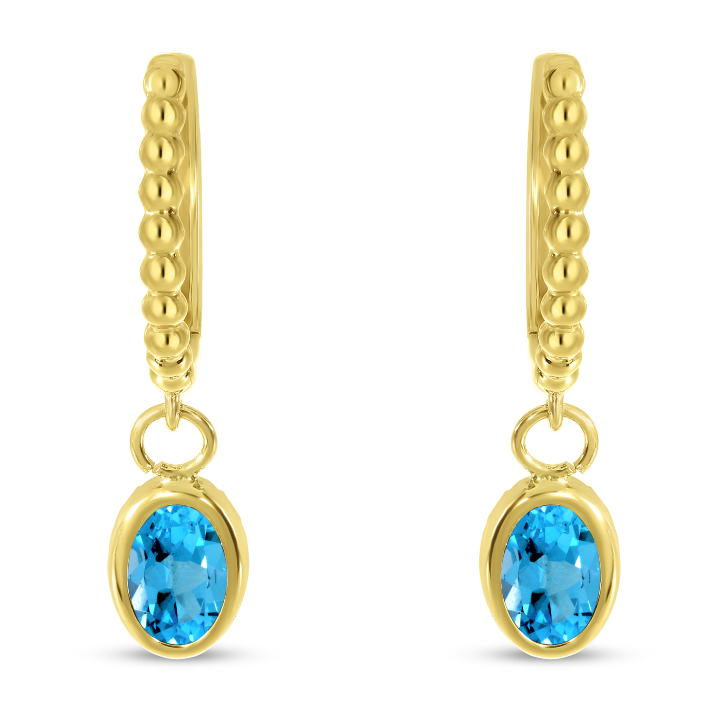 14K Yellow Gold Oval Blue Topaz Dangle Birthstone Textured Huggie Earrings