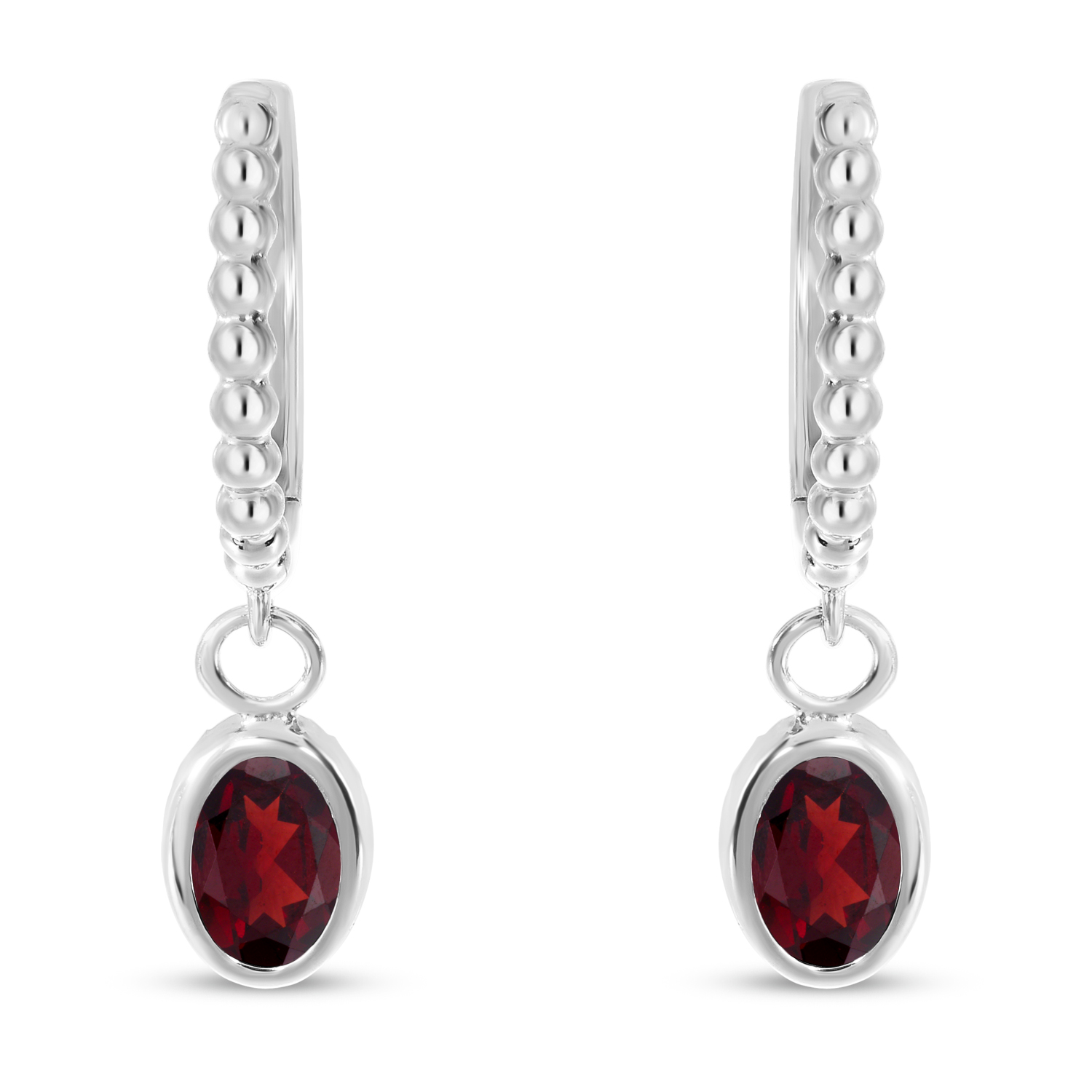 14K White Gold Oval Garnet Dangle Textured Huggie Earrings