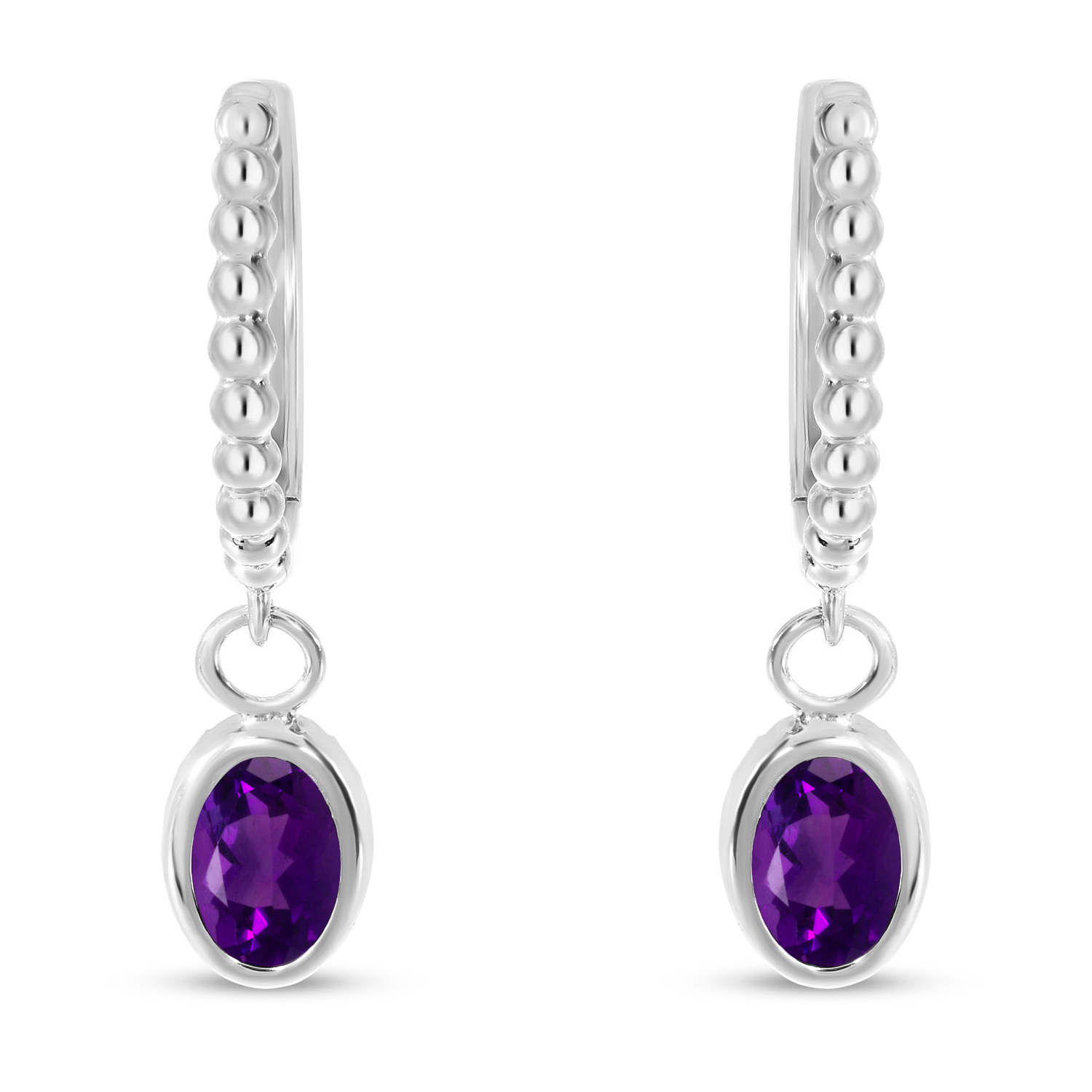 14K White Gold Oval Amethyst Dangle Textured Huggie Earrings