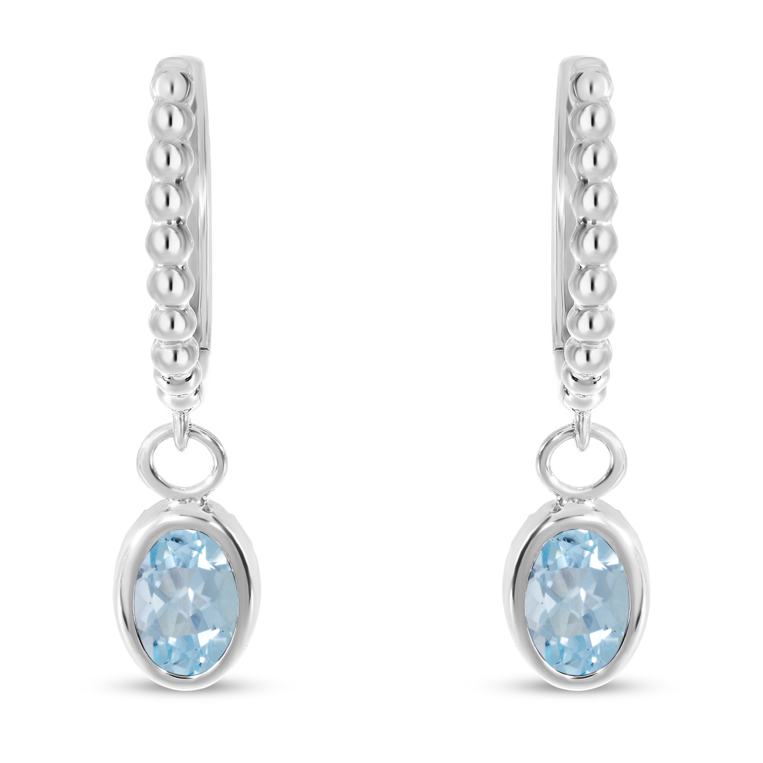 14K White Gold Oval Aquamarine Dangle Textured Huggie Earrings