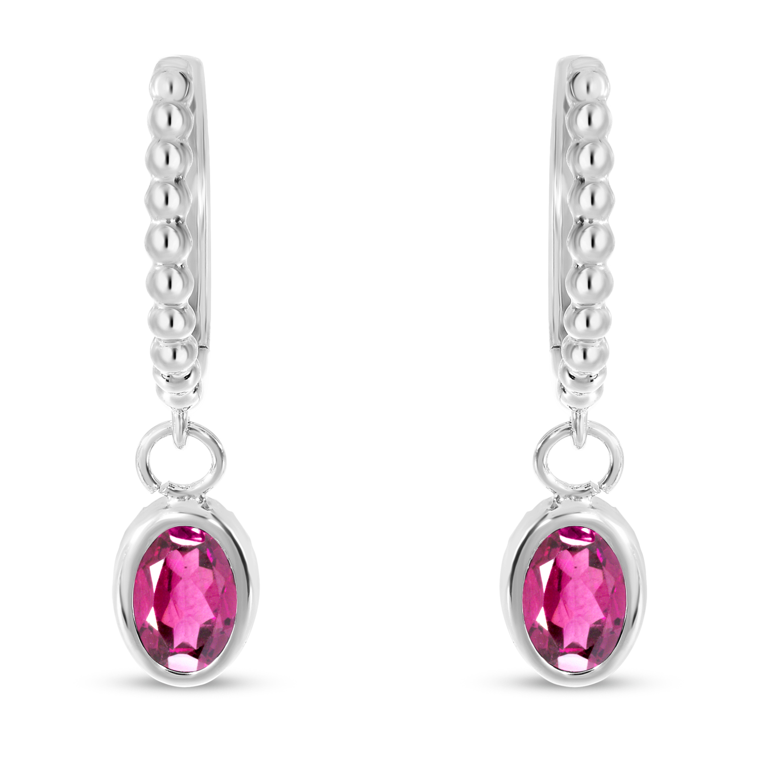 14K White Gold Oval Pink Tourmaline Dangle Textured Huggie Earrings