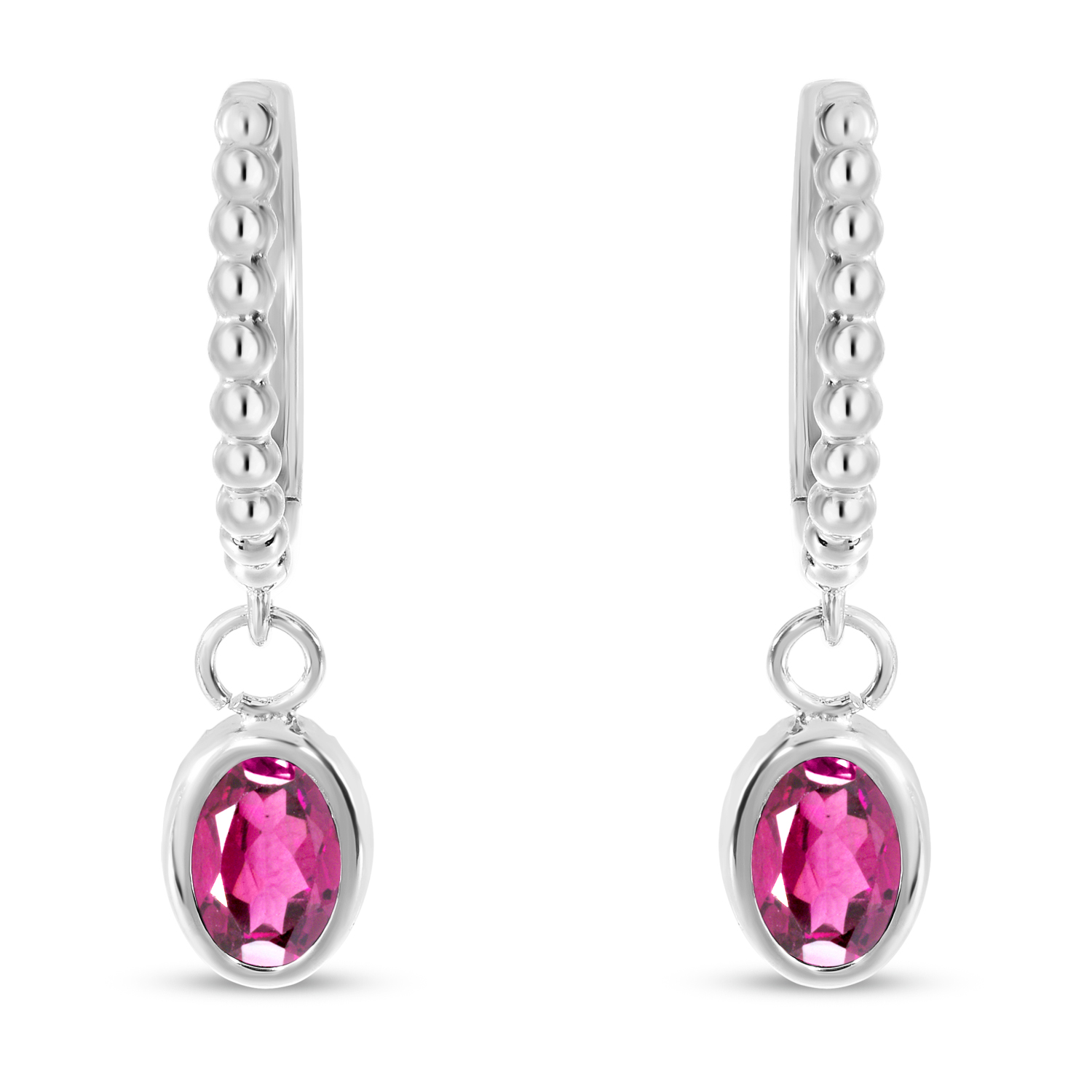 14K White Gold Oval Pink Tourmaline Dangle Textured Huggie Earrings