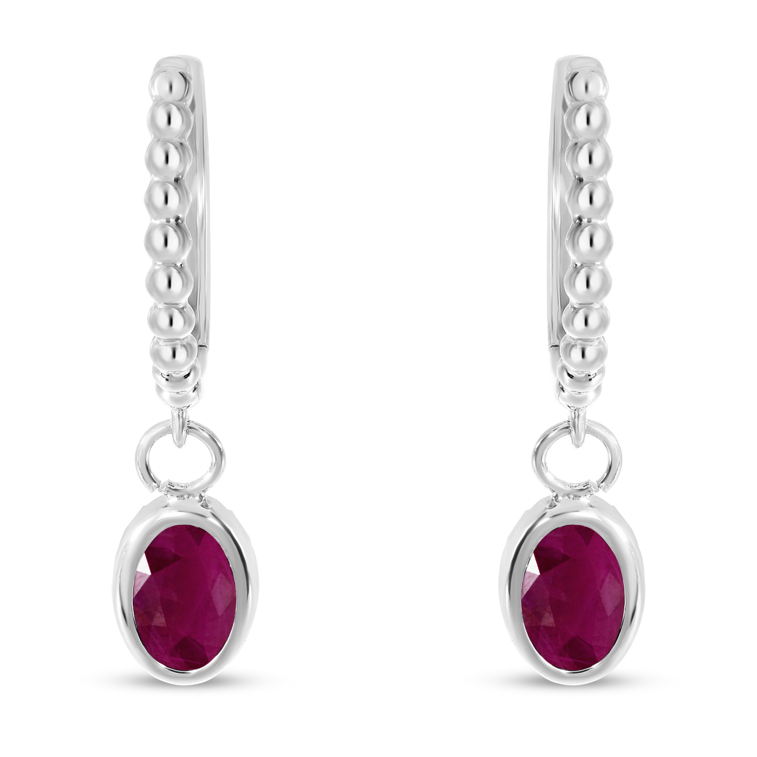 14K White Gold Oval Ruby Dangle Textured Huggie Earrings