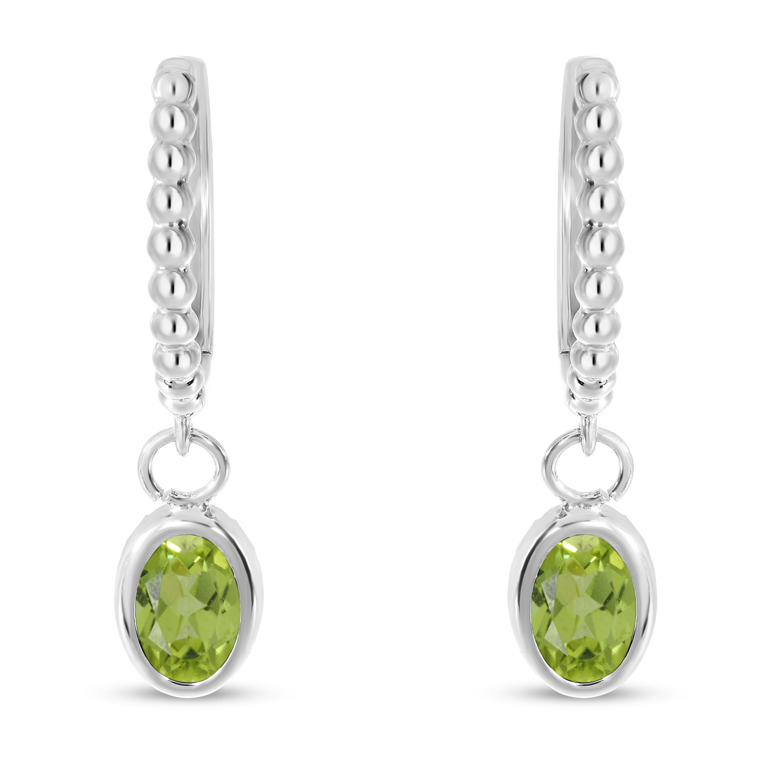 14K White Gold Oval Peridot Dangle Textured Huggie Earrings