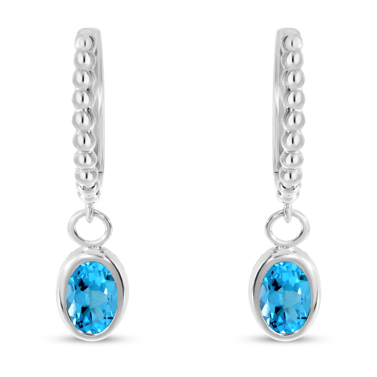 14K White Gold Oval Blue Topaz Dangle Textured Huggie Earrings