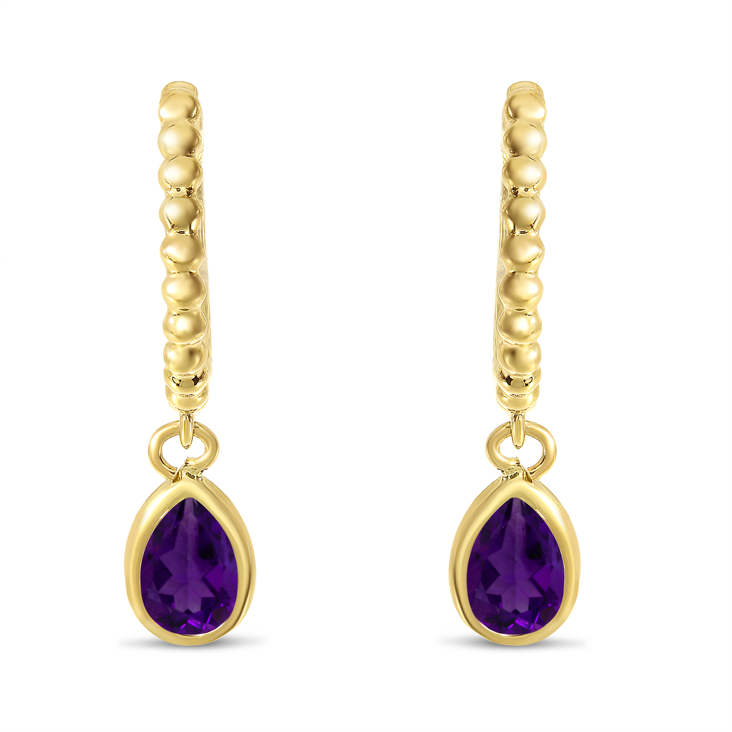 14K Yellow Gold Pear Amethyst Dangle Birthstone Textured Huggie Earrings