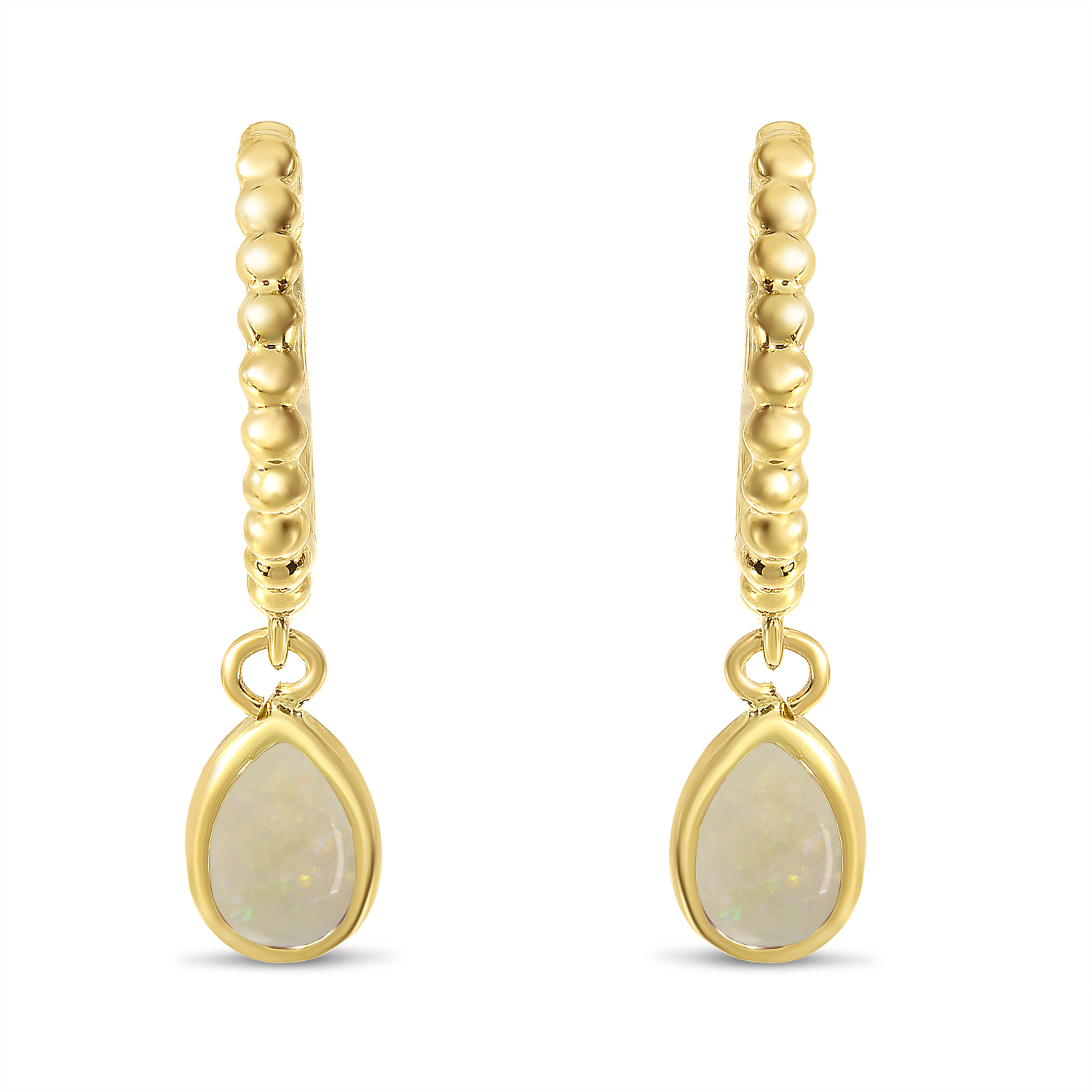14K Yellow Gold Pear Opal Dangle Birthstone Textured Huggie Earrings