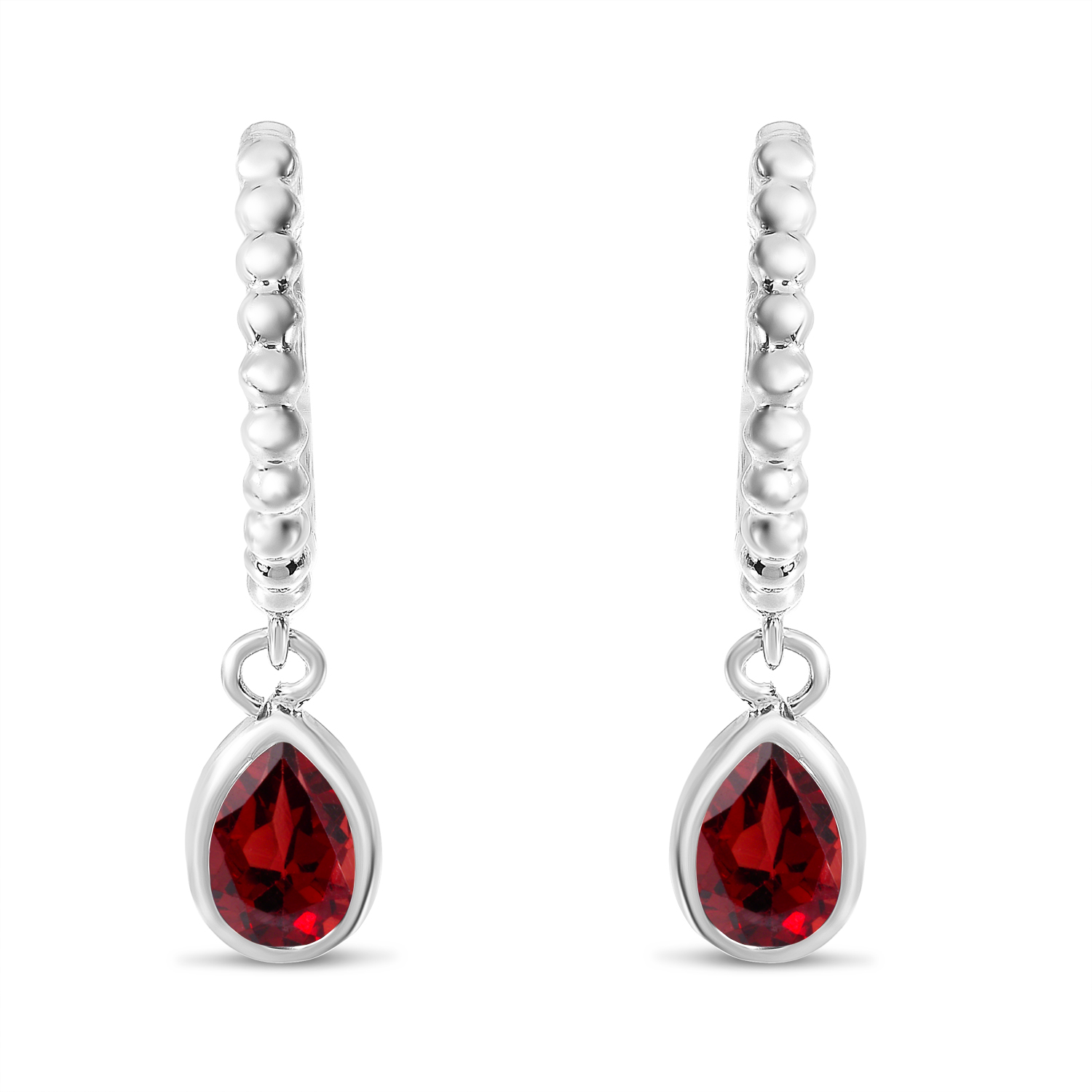 14K White Gold Pear Garnet Dangle Birthstone Textured Huggie Earrings