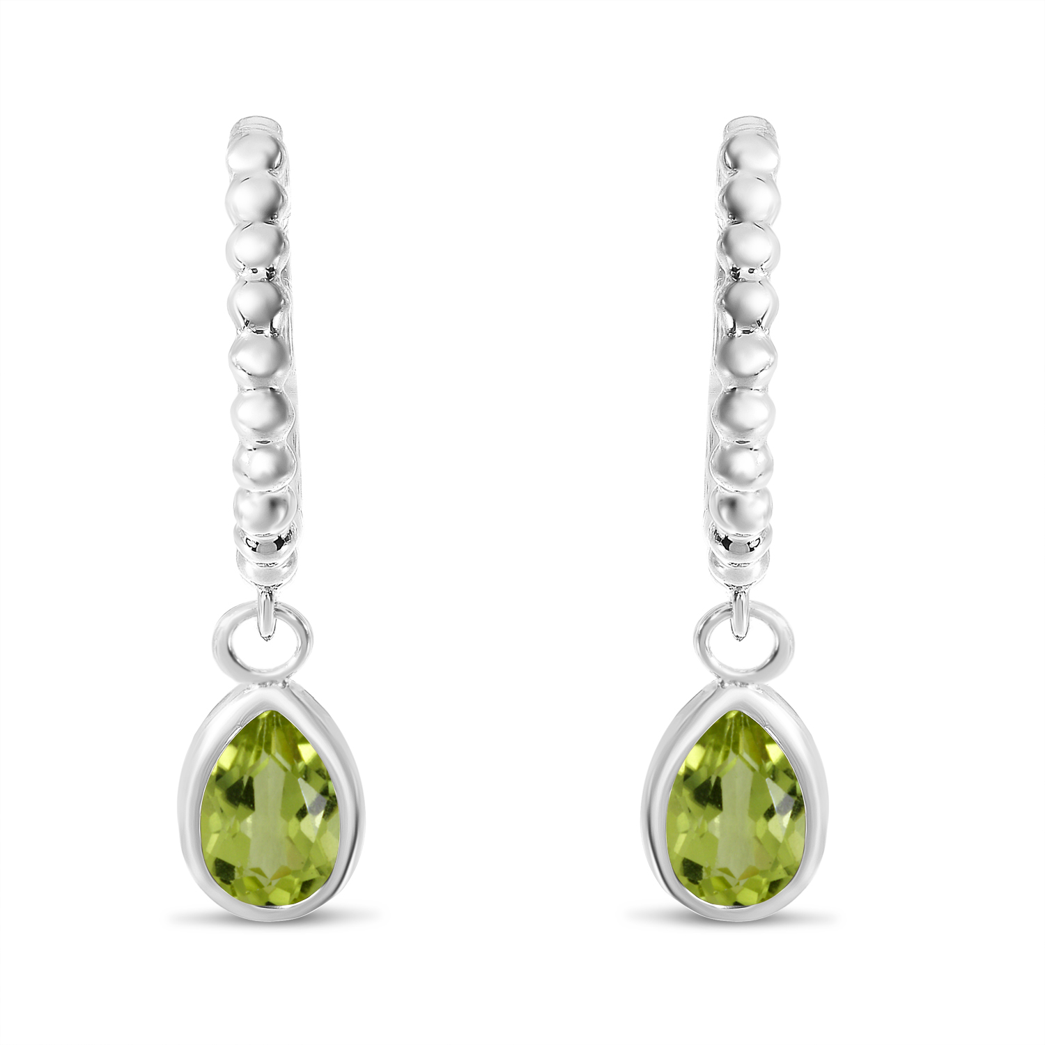 14K White Gold Pear Peridot Dangle Birthstone Textured Huggie Earrings