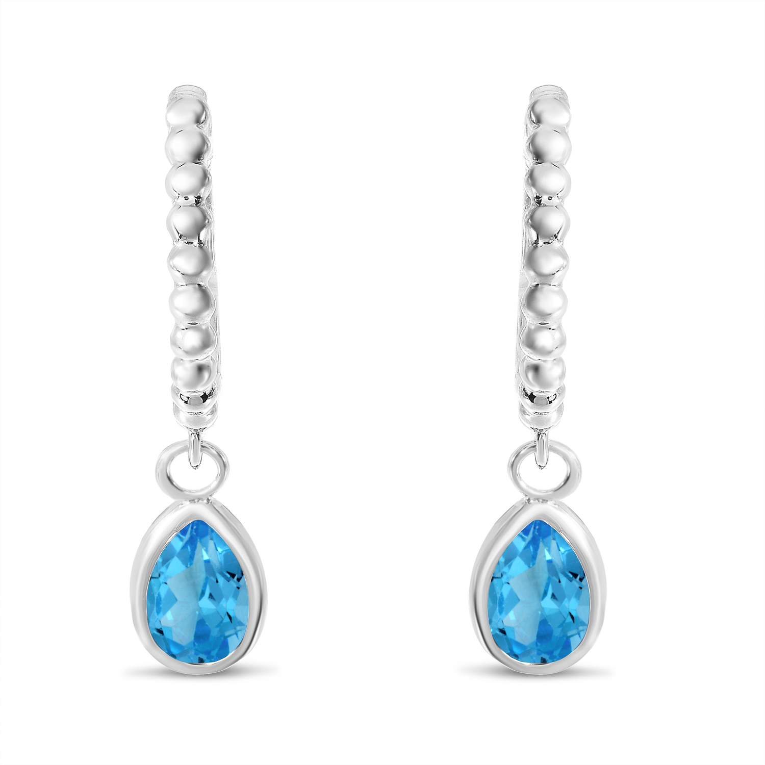 14K White Gold Pear Blue Topaz Dangle Birthstone Textured Huggie Earrings