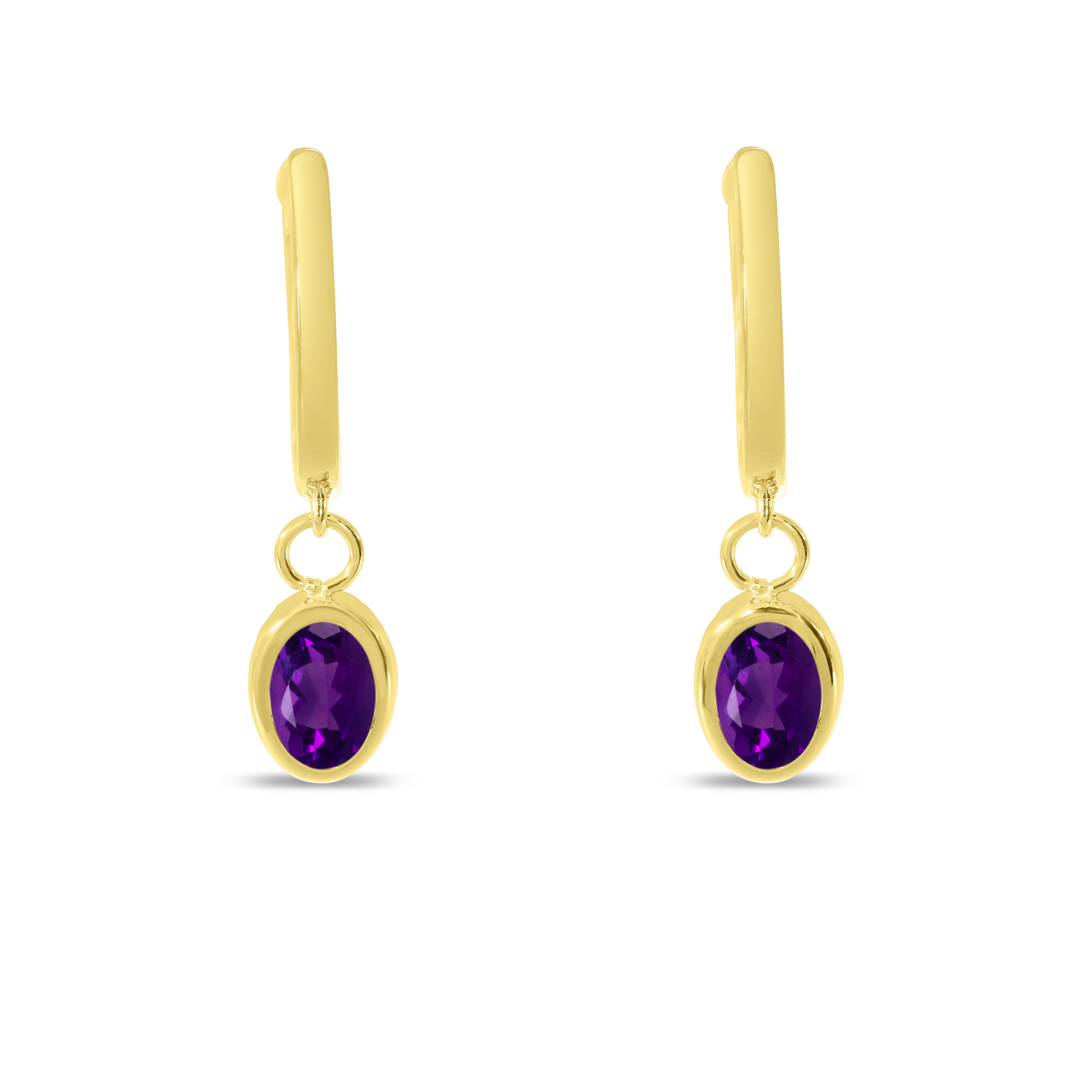 14K Yellow Gold Oval Amethyst Dangle Birthstone Huggie Earrings