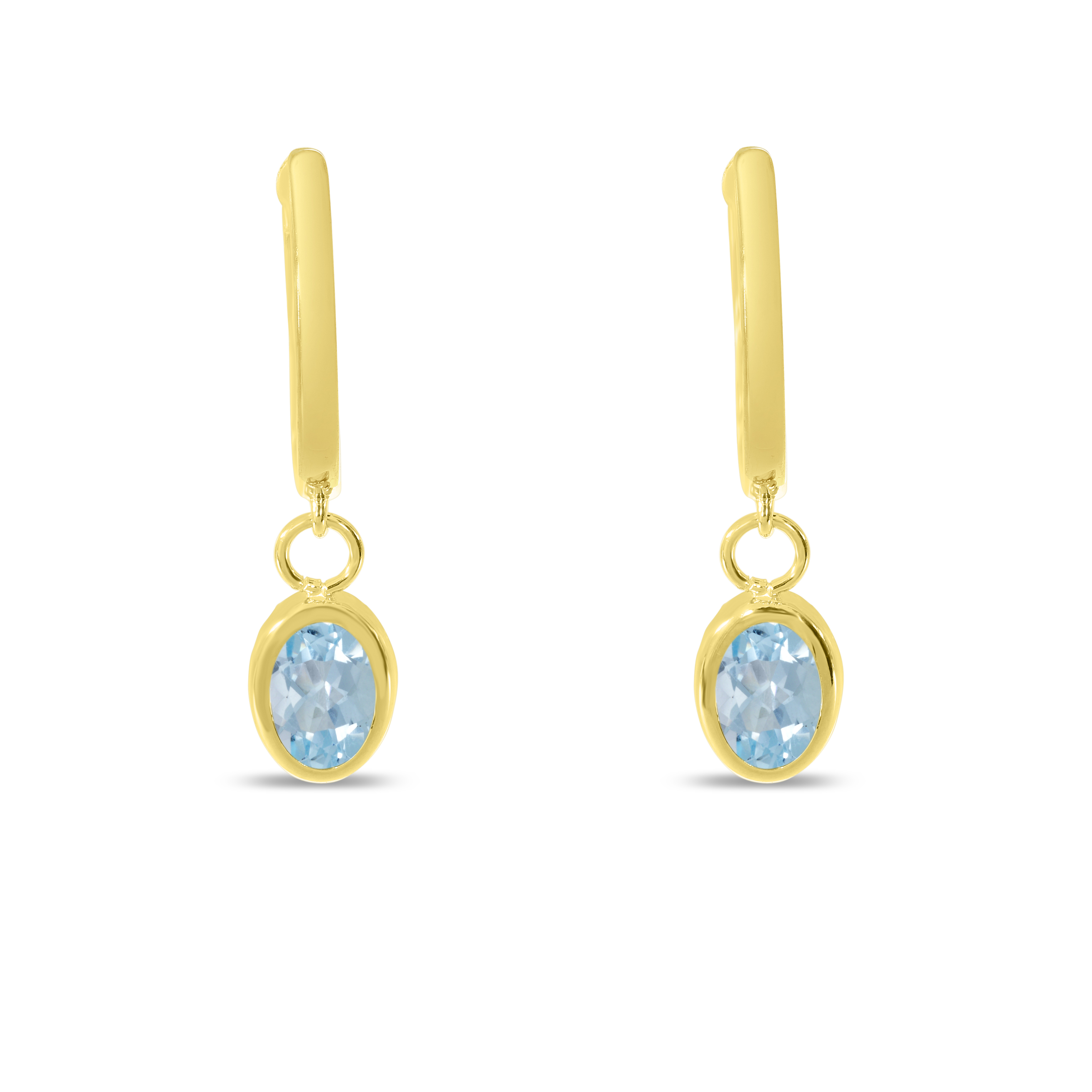 14K Yellow Gold Oval Aquamarine Dangle Birthstone Huggie Earrings