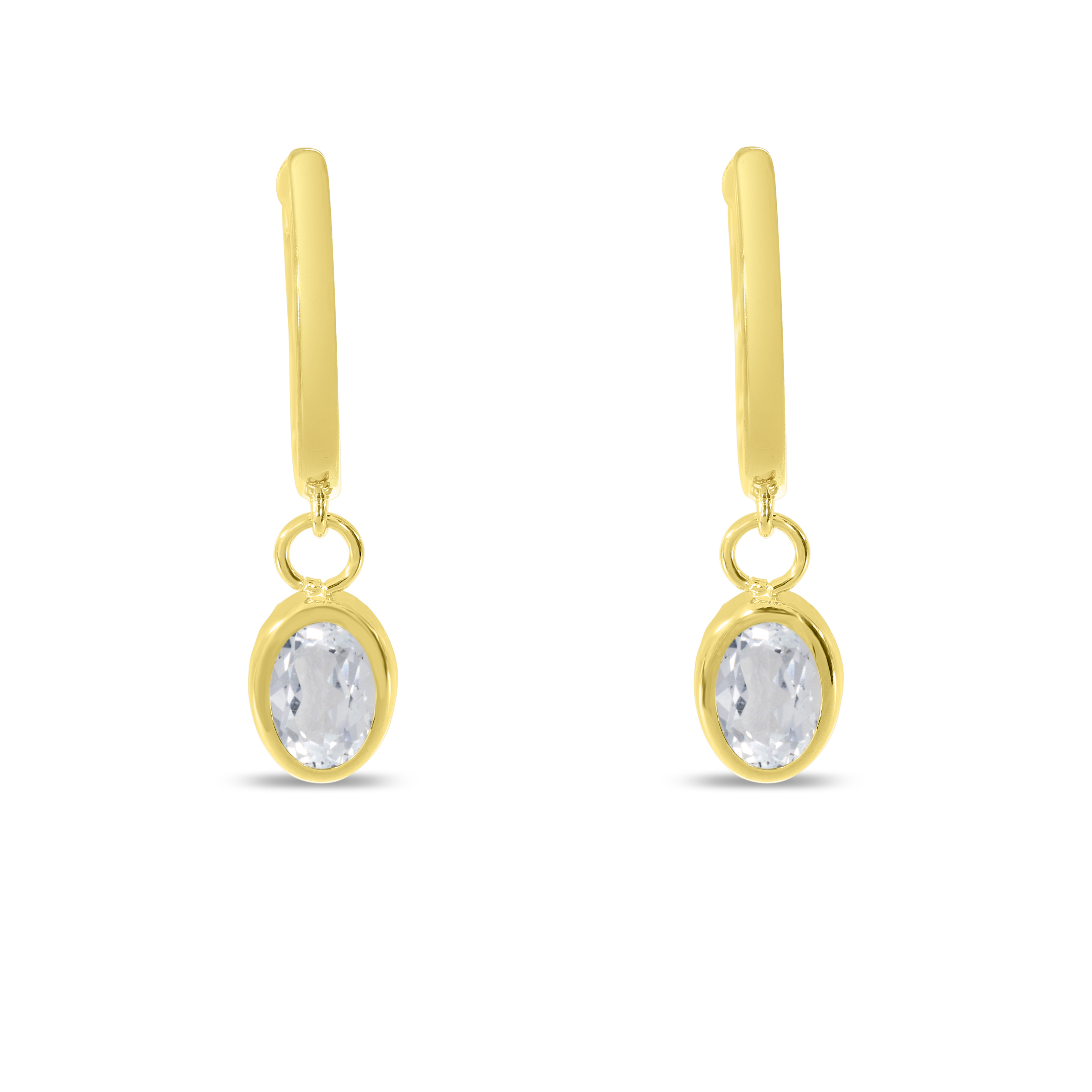 14K Yellow Gold Oval White Topaz Dangle Birthstone Huggie Earrings