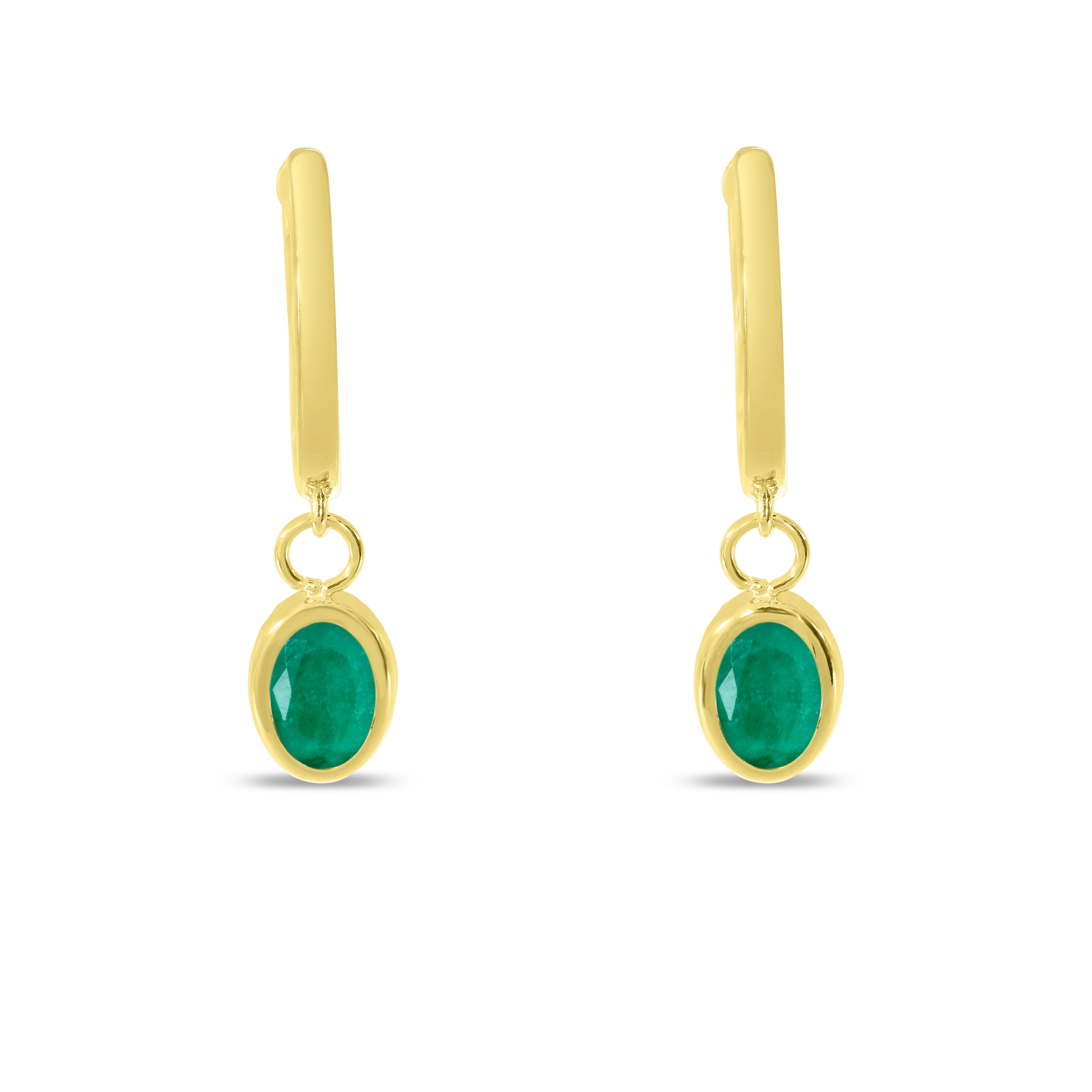 14K Yellow Gold Oval Emerald Dangle Birthstone Huggie Earrings