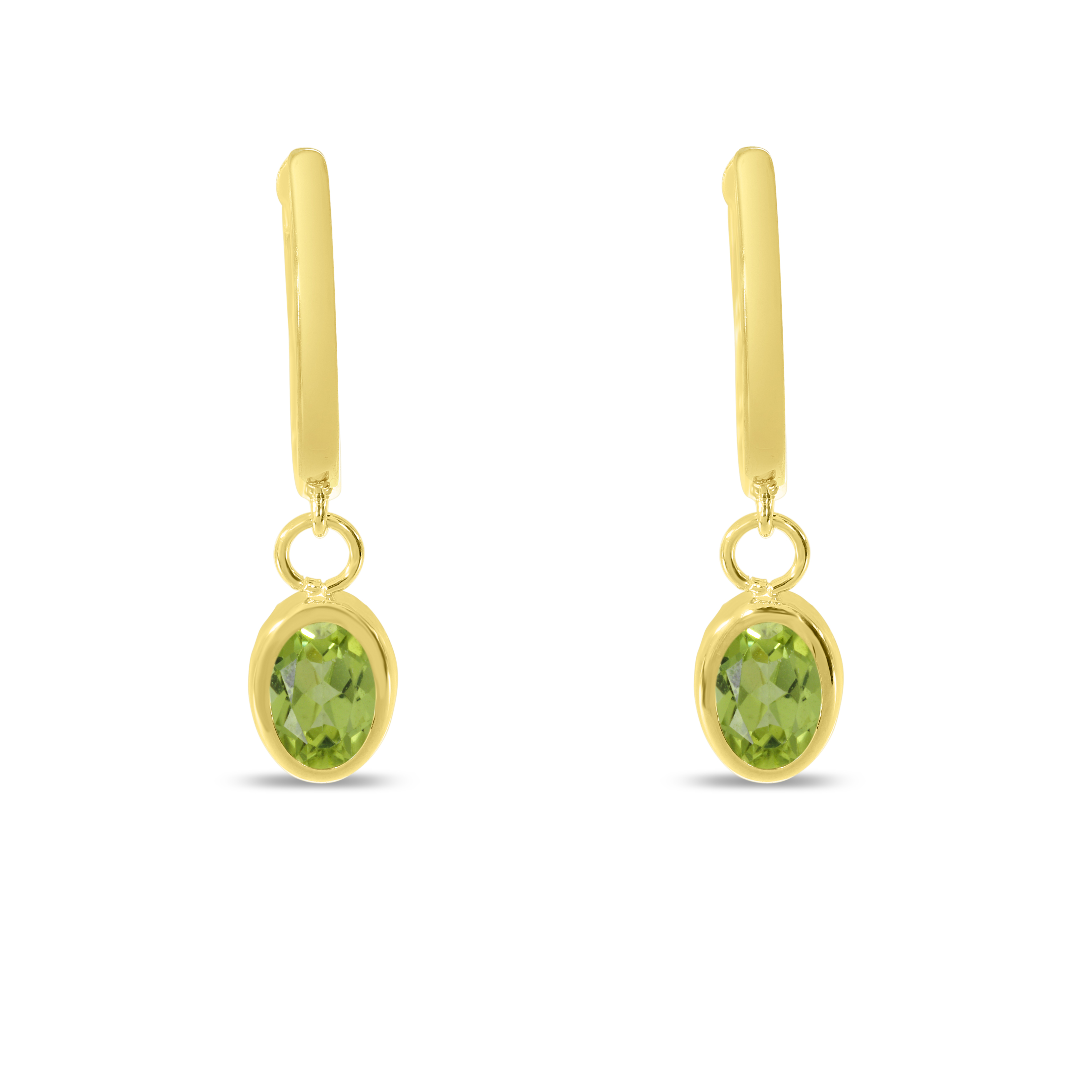 14K Yellow Gold Oval Peridot Dangle Birthstone Huggie Earrings