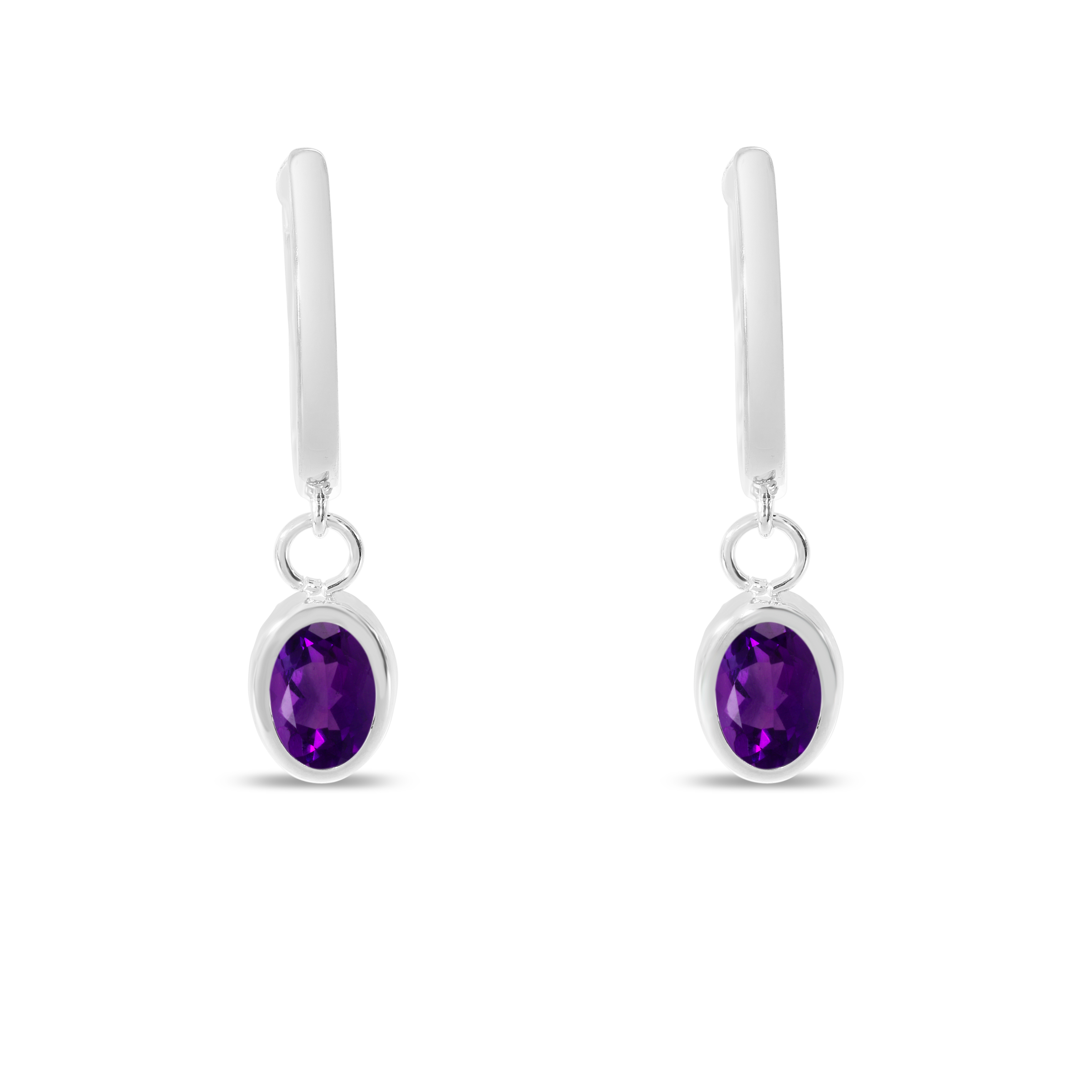 14K White Gold Oval Amethyst Dangle Birthstone Huggie Earrings
