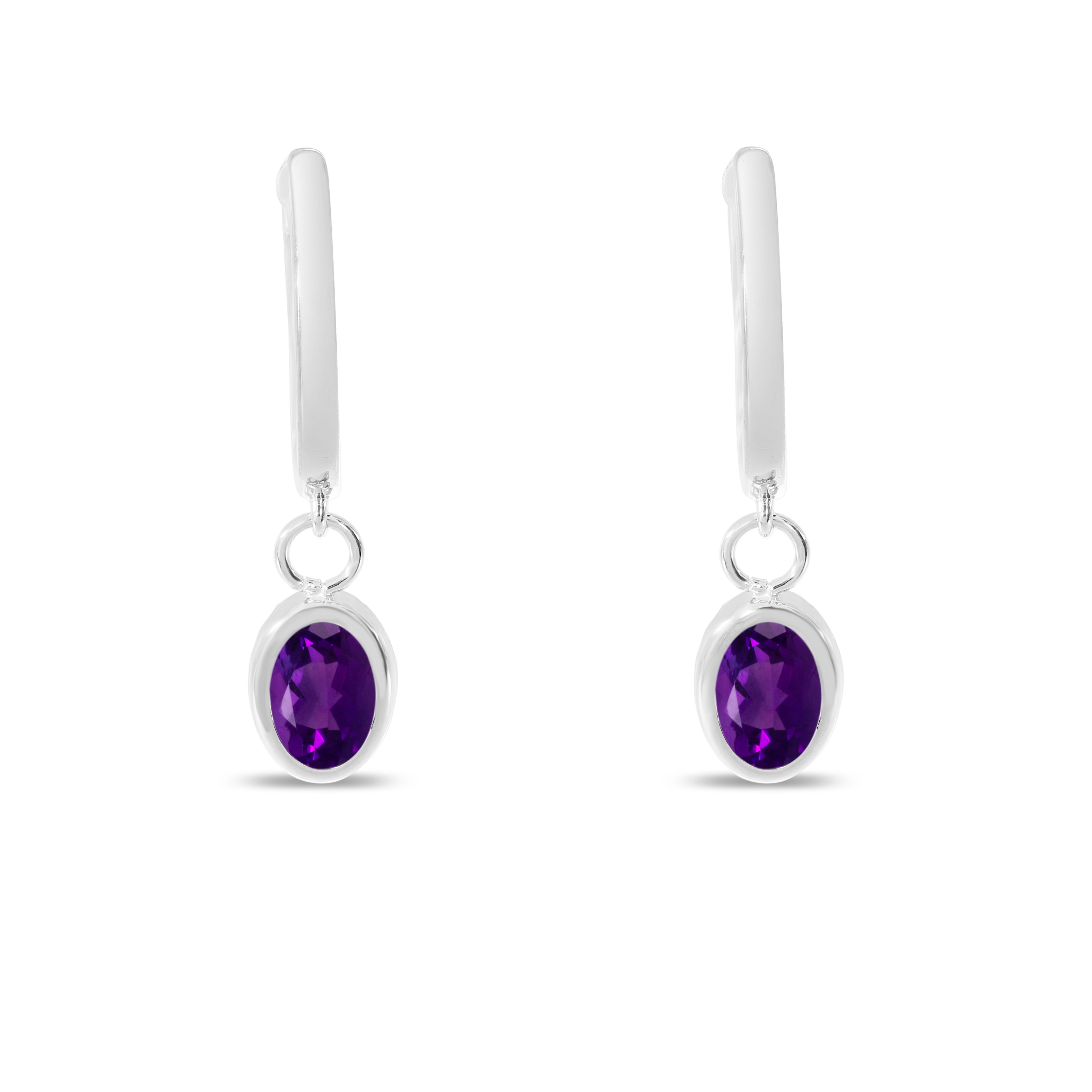 14K White Gold Oval Amethyst Dangle Birthstone Huggie Earrings