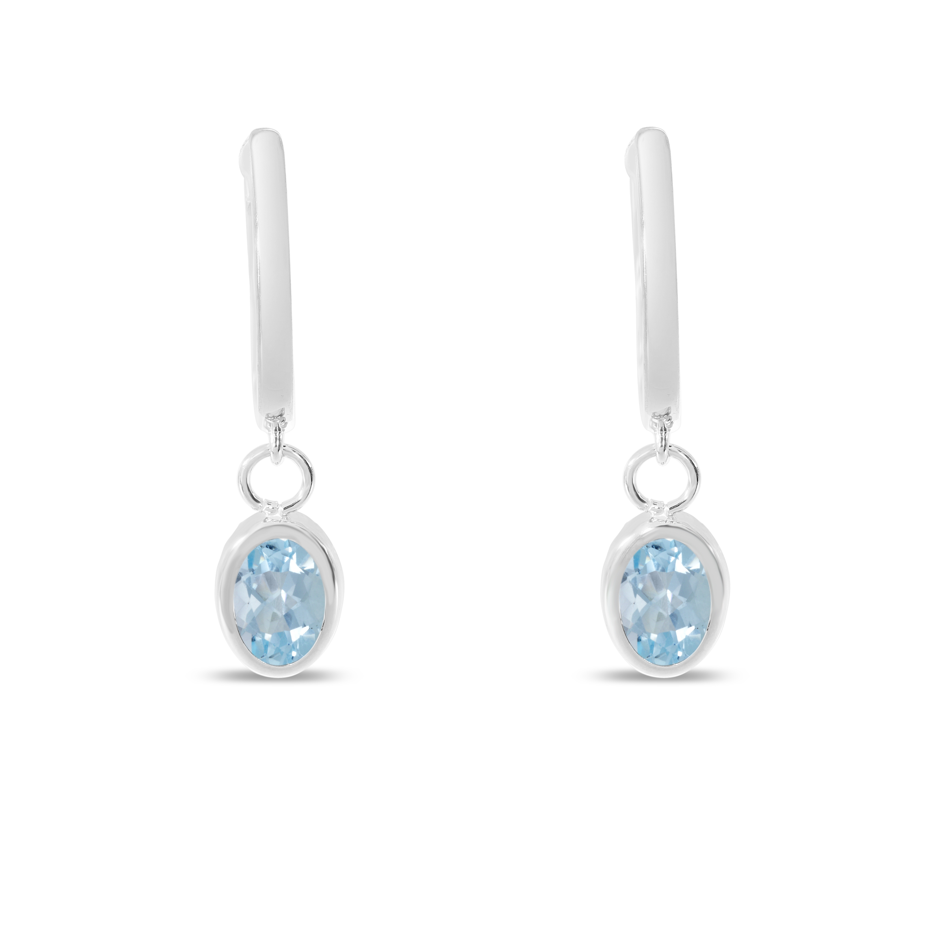 14K White Gold Oval Aquamarine Dangle Birthstone Huggie Earrings