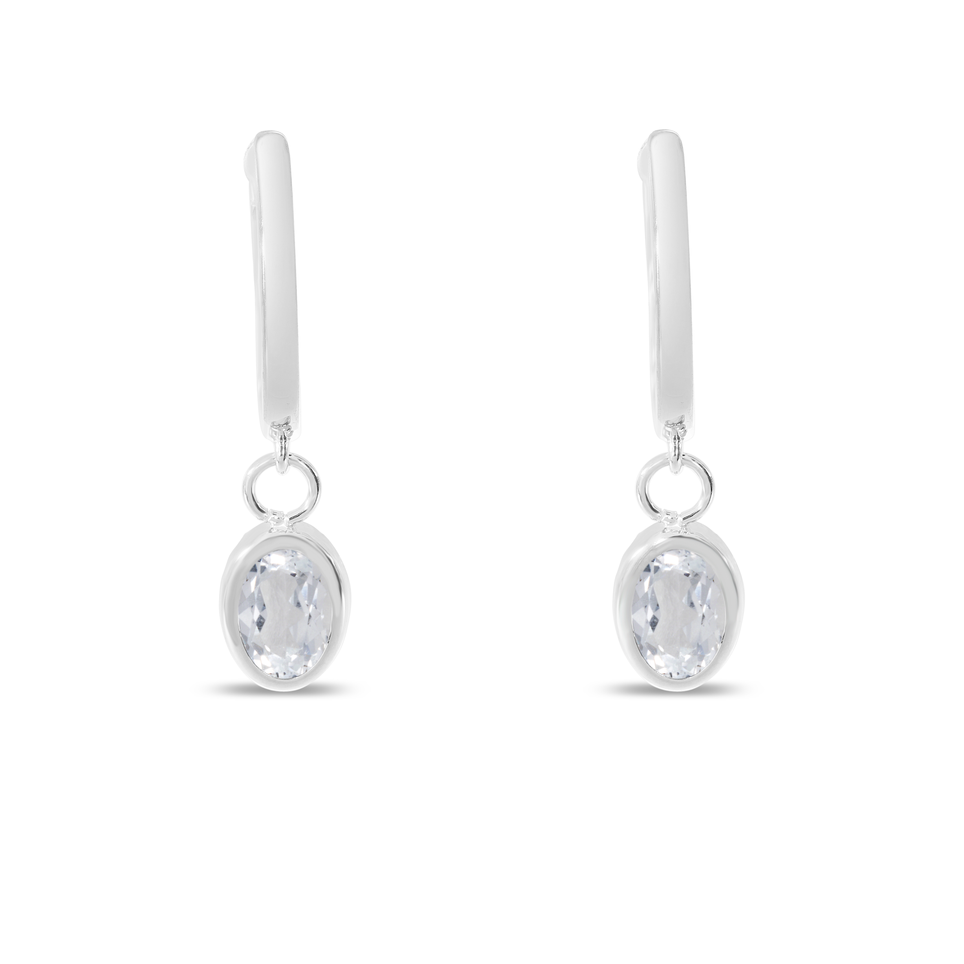 14K White Gold Oval White Topaz Dangle Birthstone Huggie Earrings