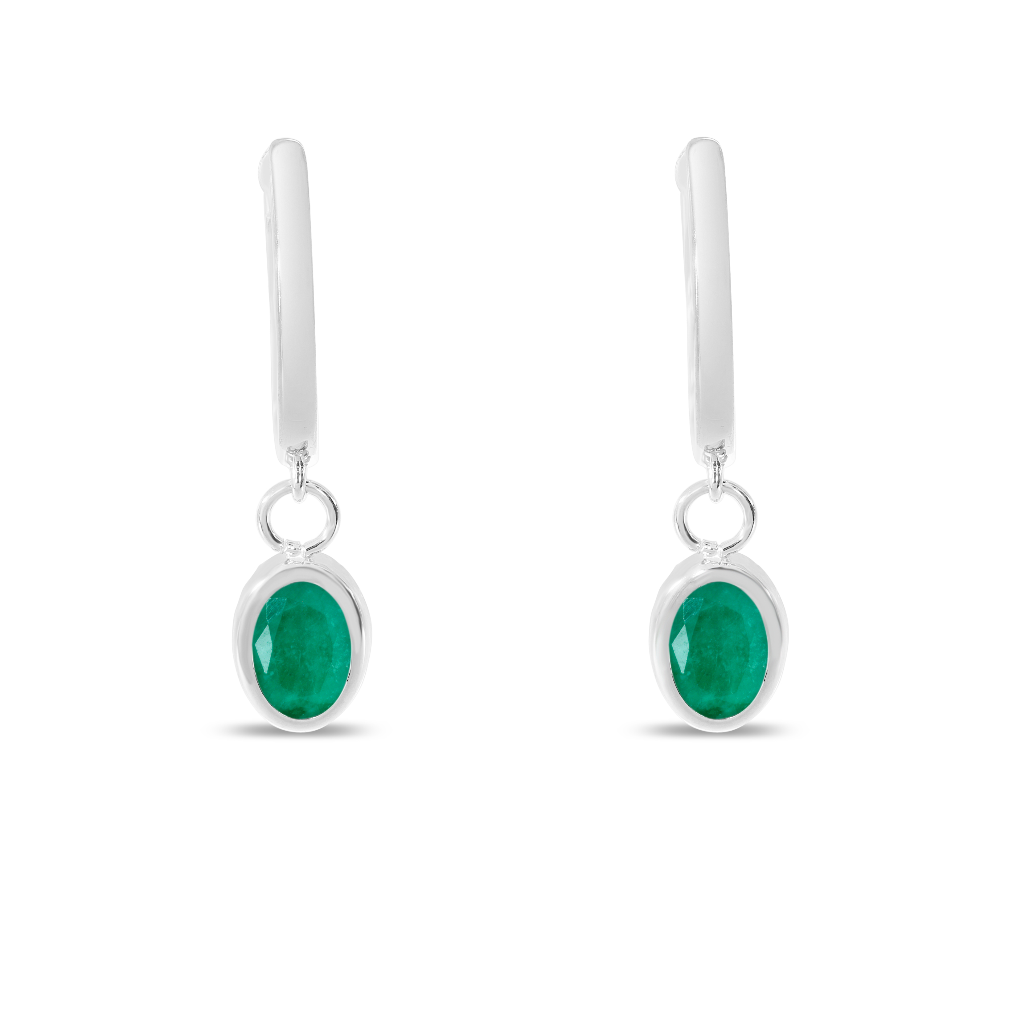 14K White Gold Oval Emerald Dangle Birthstone Huggie Earrings
