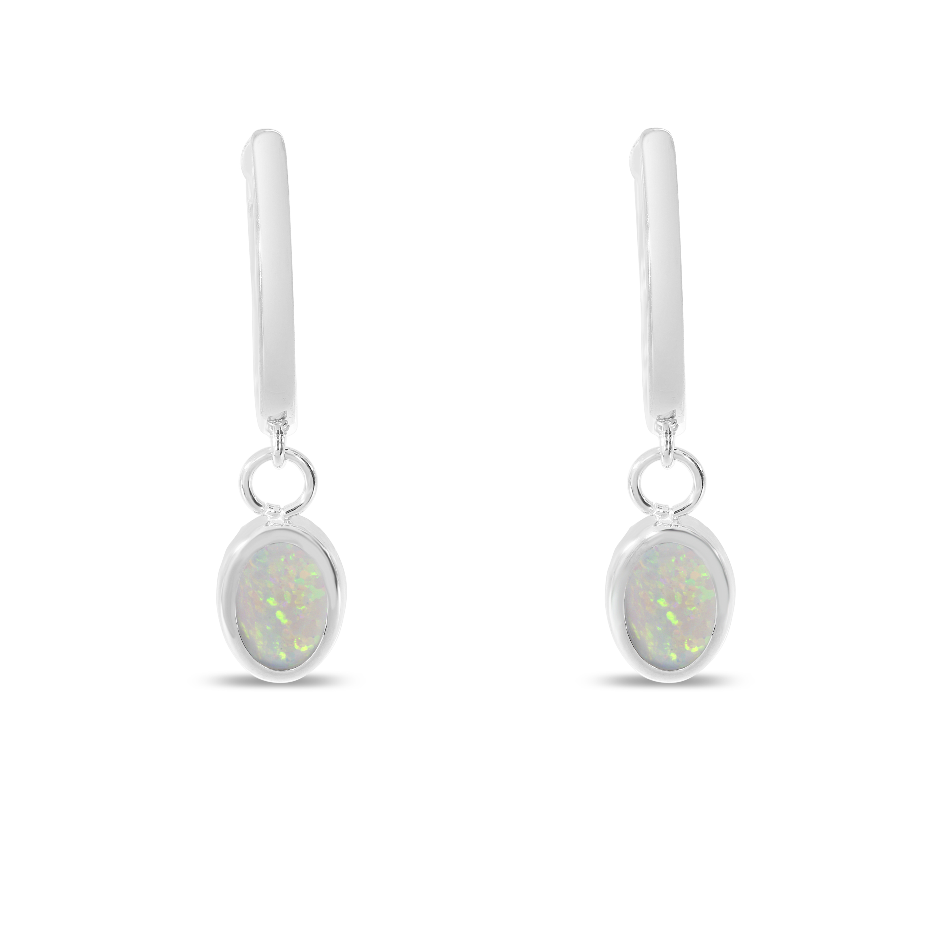14K White Gold Oval Opal Dangle Birthstone Huggie Earrings