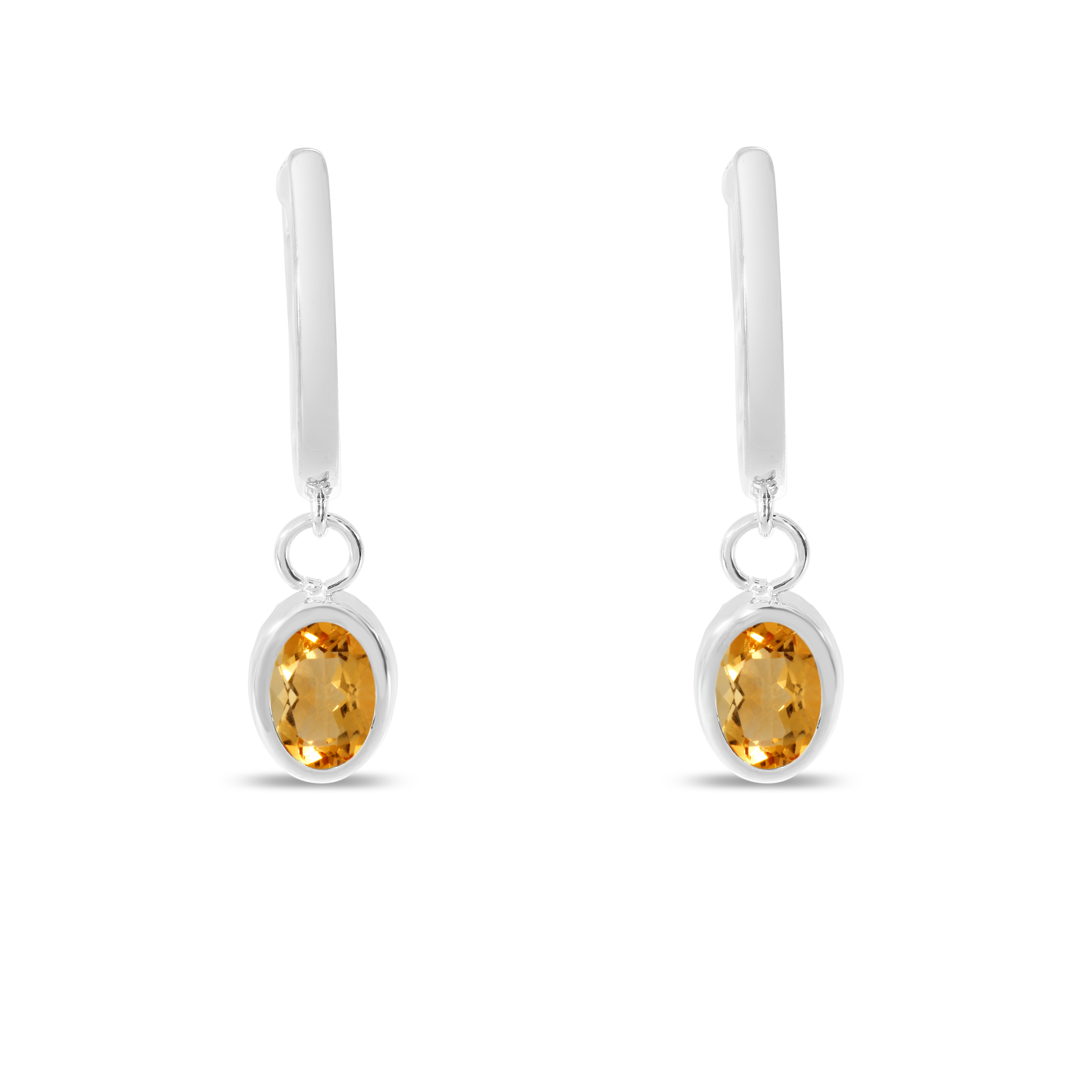 14K White Gold Oval Citrine Dangle Birthstone Huggie Earrings