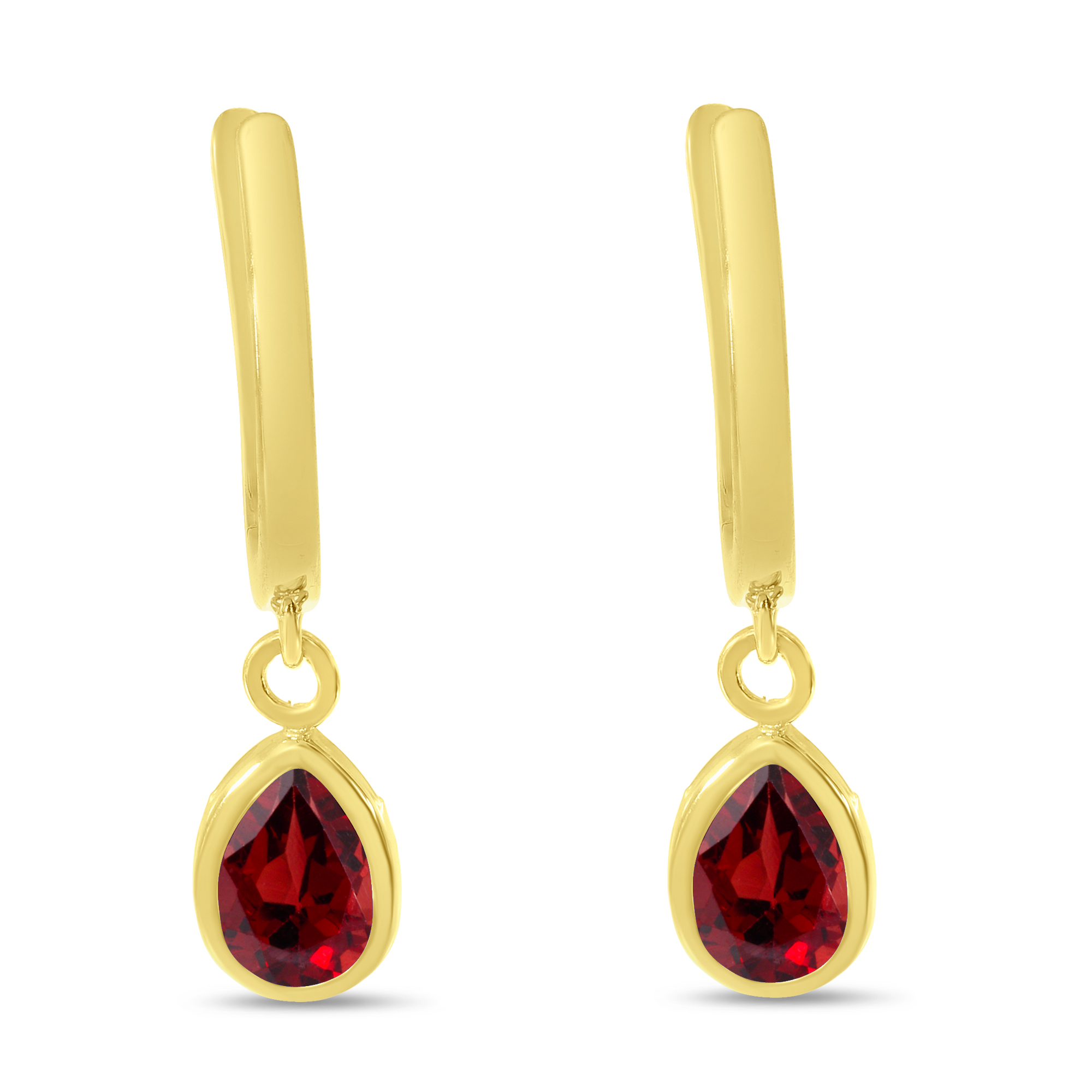 14K Yellow Gold Pear Garnet Dangle Birthstone Huggie Earrings