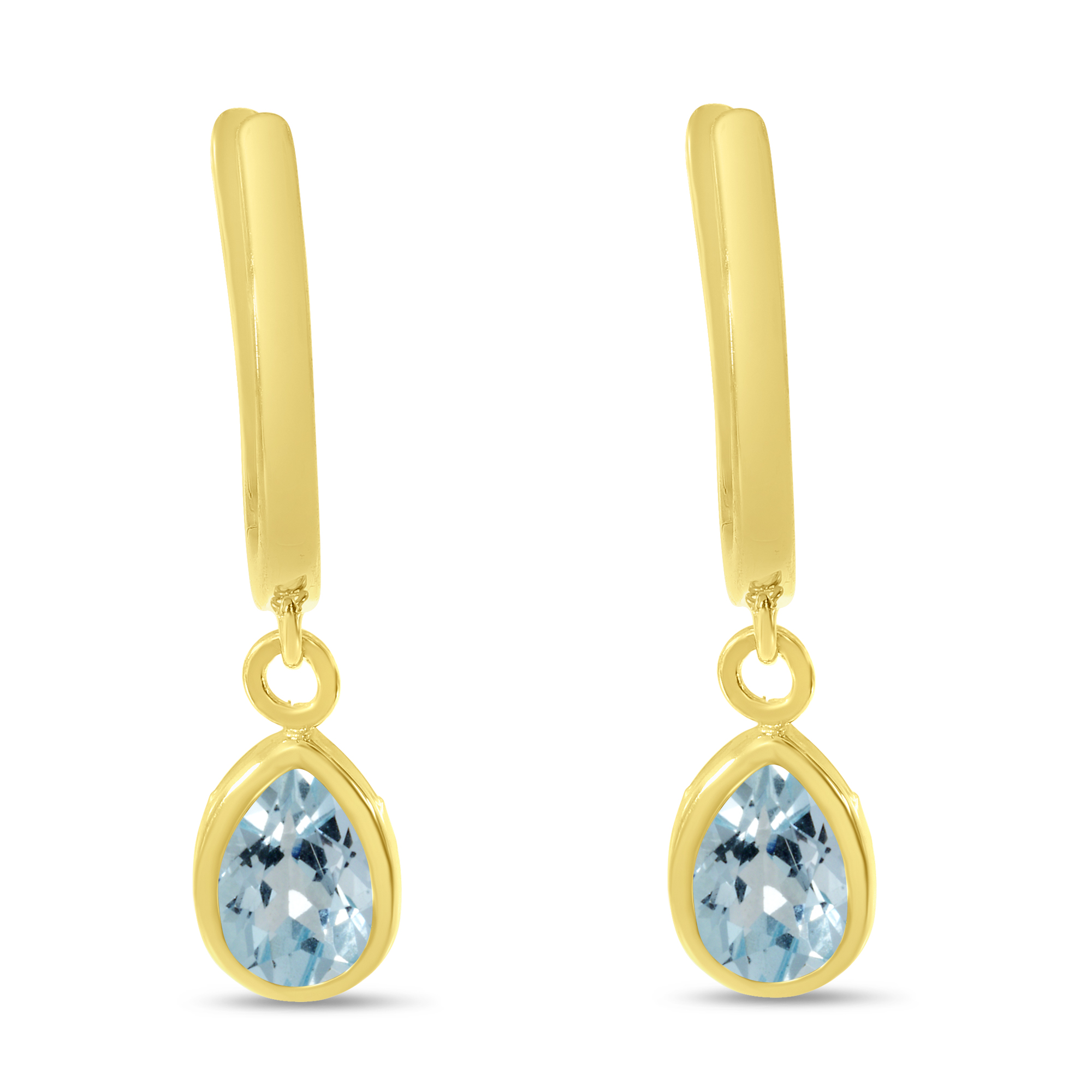 14K Yellow Gold Pear Aquamarine Dangle Birthstone Huggie Earrings