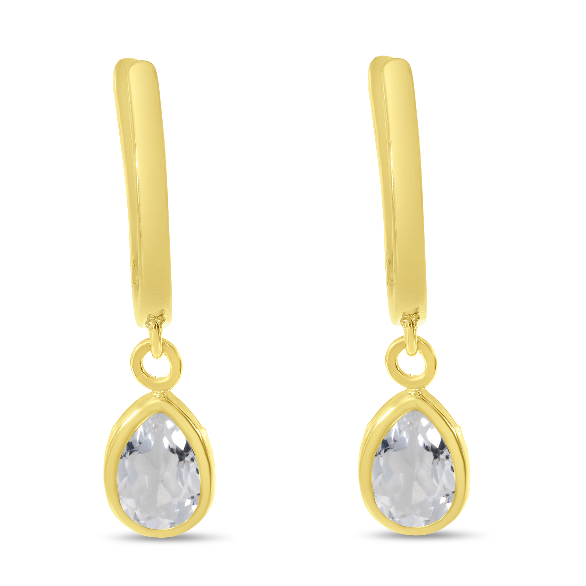 14K Yellow Gold Pear White Topaz Dangle Birthstone Huggie Earrings