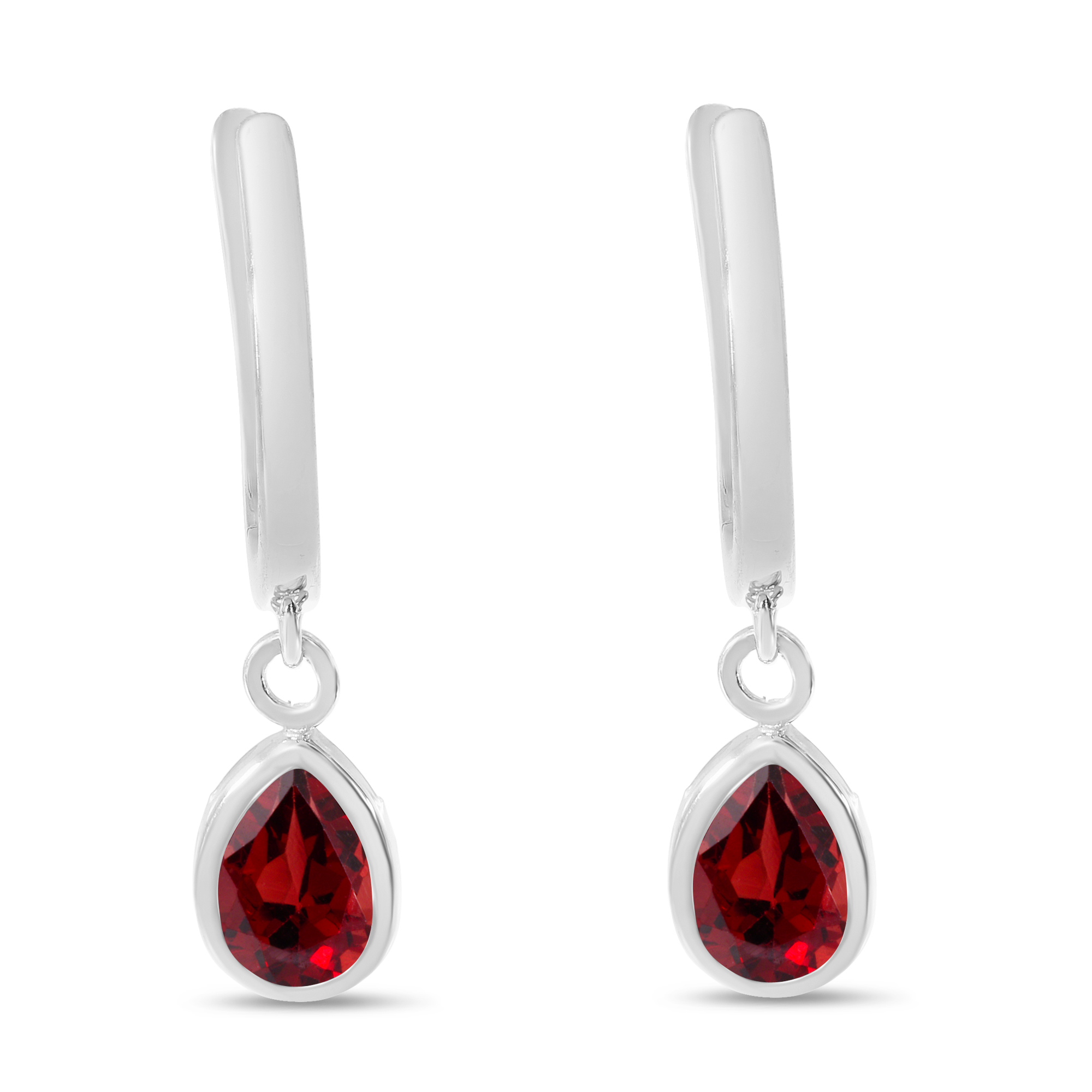 14K White Gold Pear Garnet Dangle Birthstone Huggie Earrings