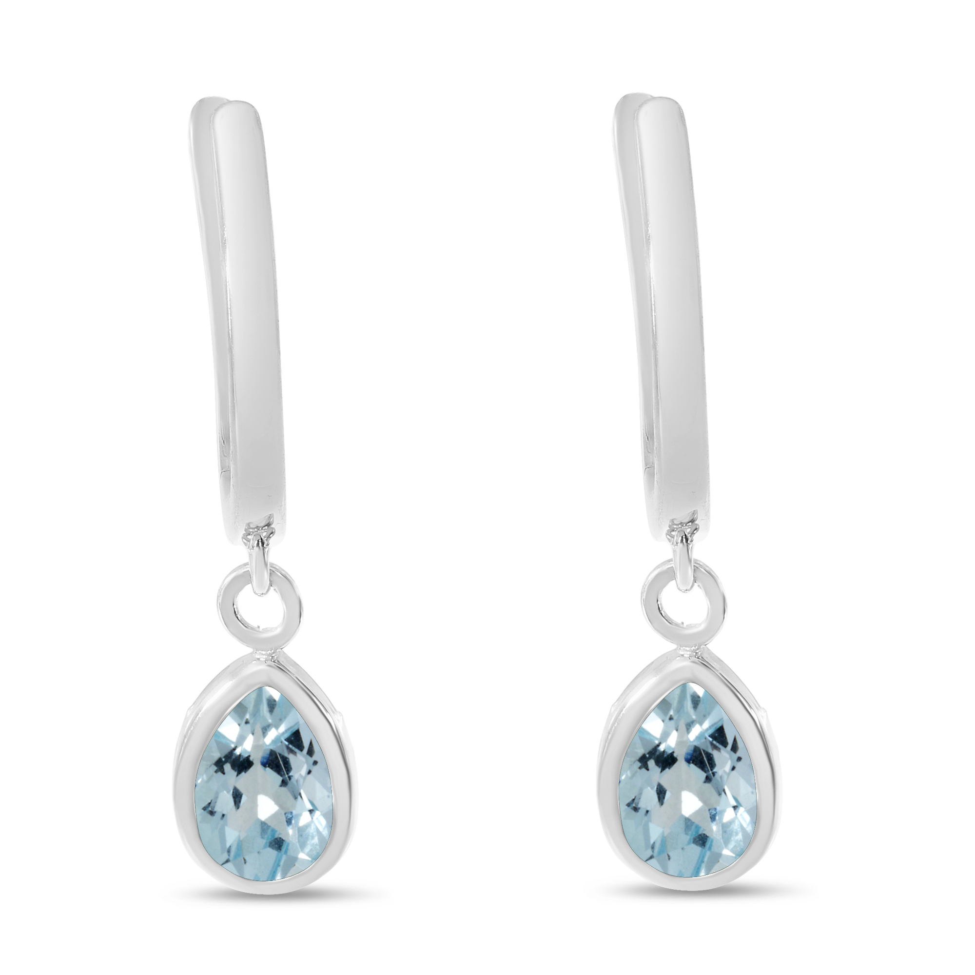 14K White Gold Pear Aquamarine Dangle Birthstone Huggie Earrings