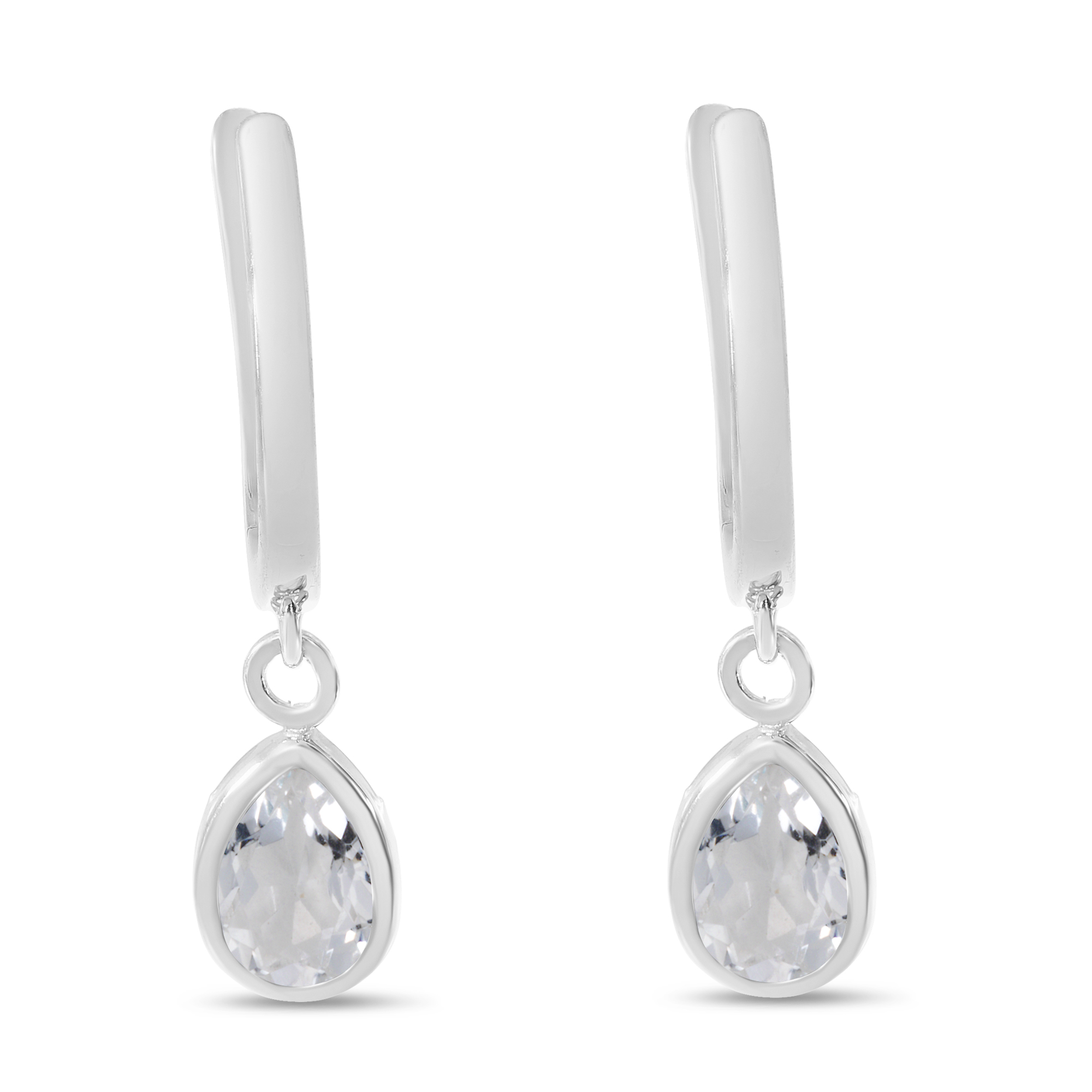 14K White Gold Pear White Topaz Dangle Birthstone Huggie Earrings