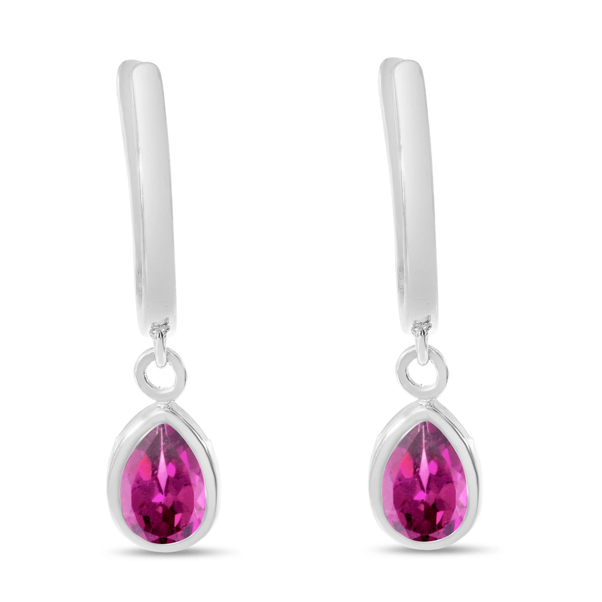 14K White Gold Pear Pink Tourmaline Dangle Birthstone Huggie Earrings