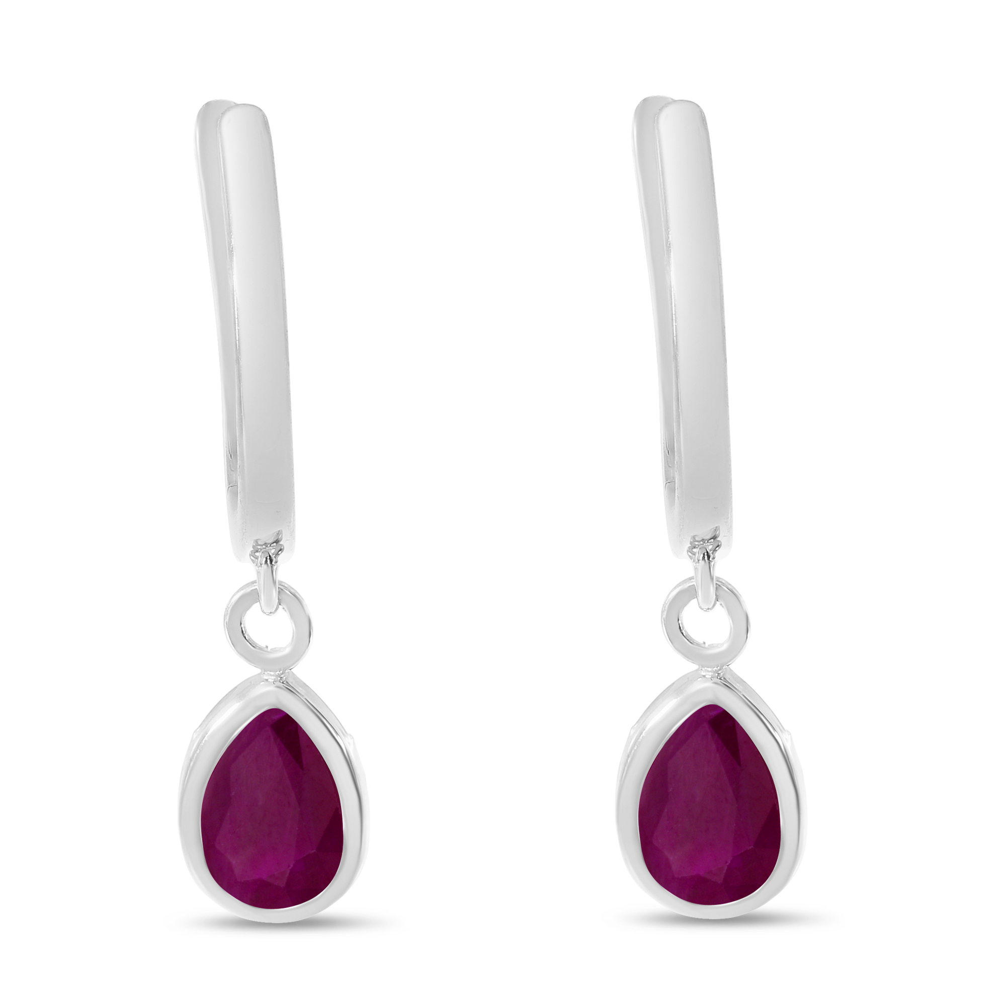 14K White Gold Pear Ruby Dangle Birthstone Huggie Earrings