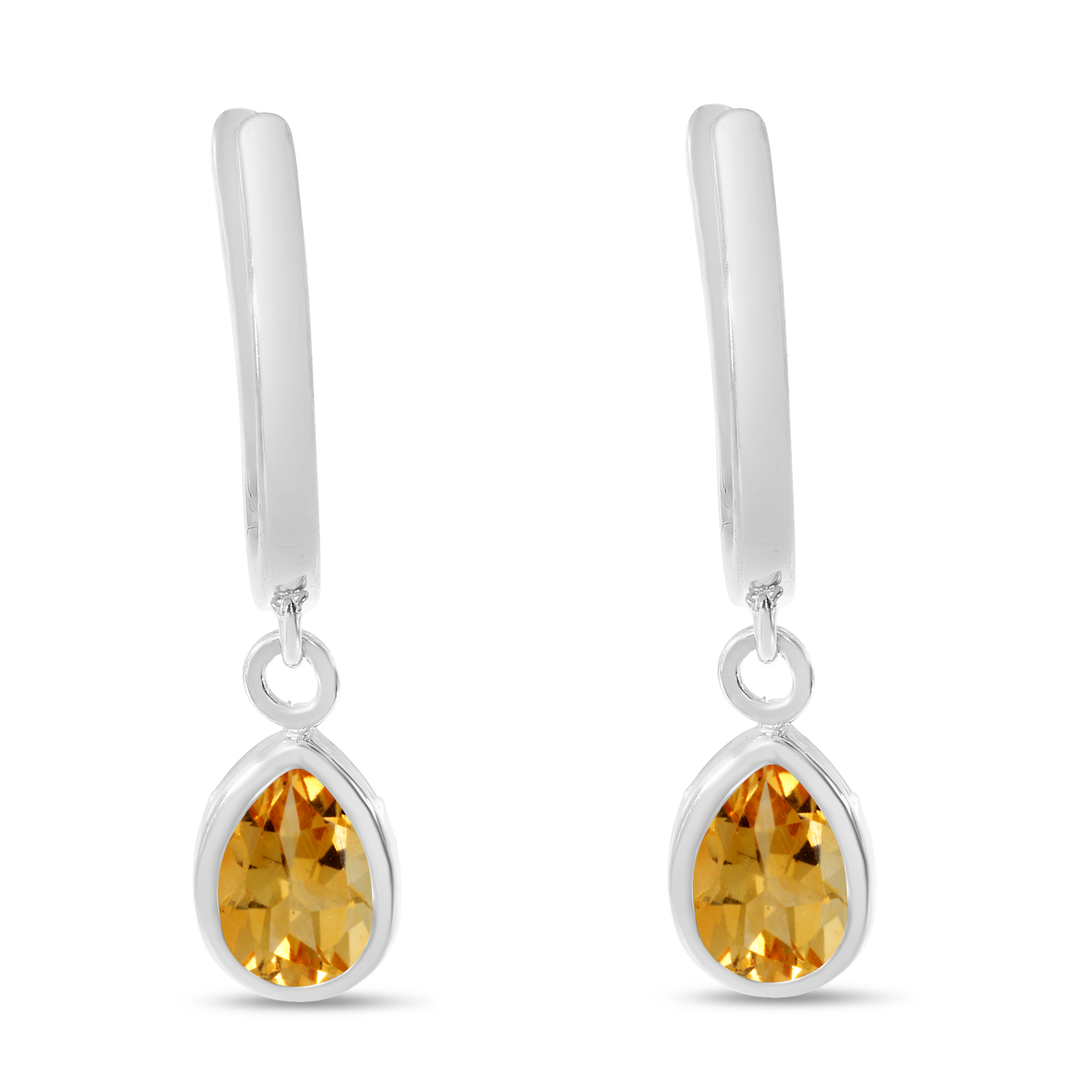 14K White Gold Pear Citrine Dangle Birthstone Huggie Earrings