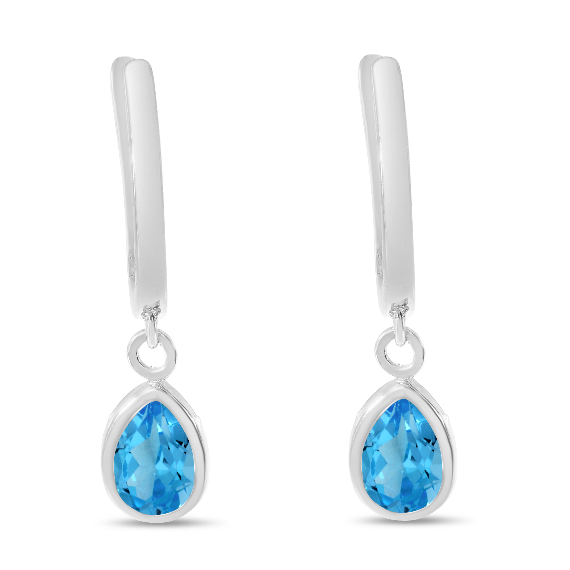 14K White Gold Pear Blue Topaz Dangle Birthstone Huggie Earrings