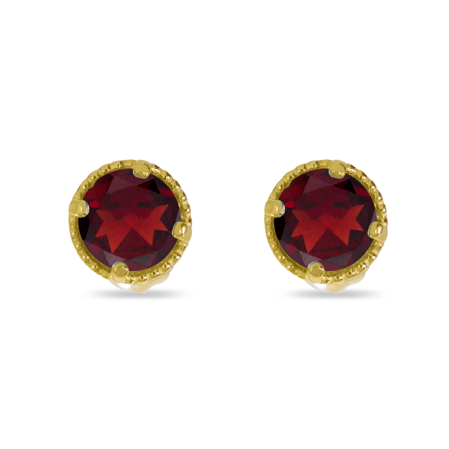 14K Yellow Gold 4mm Round Garnet Millgrain Halo Earrings