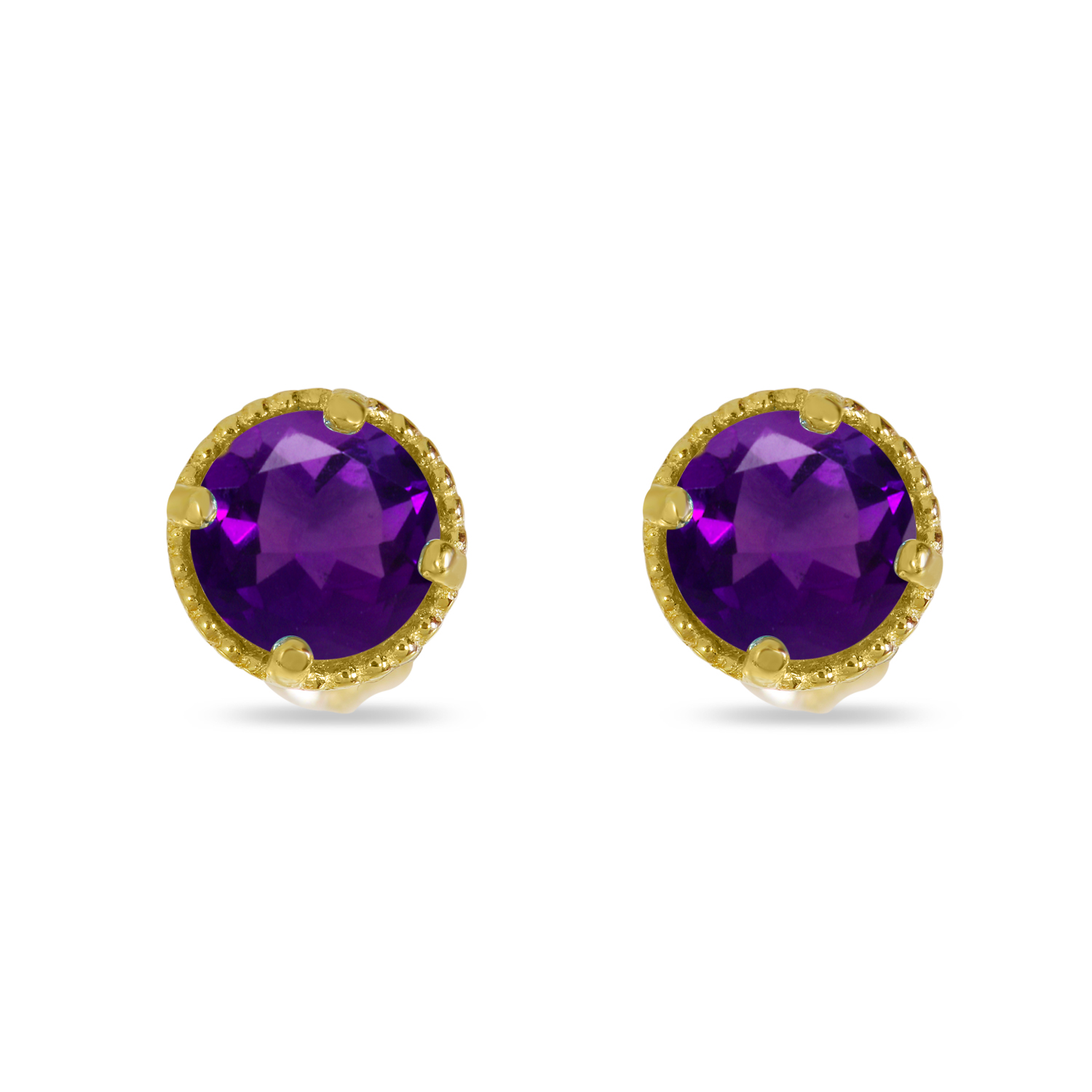 14K Yellow Gold 4mm Round Amethyst Millgrain Halo Earrings