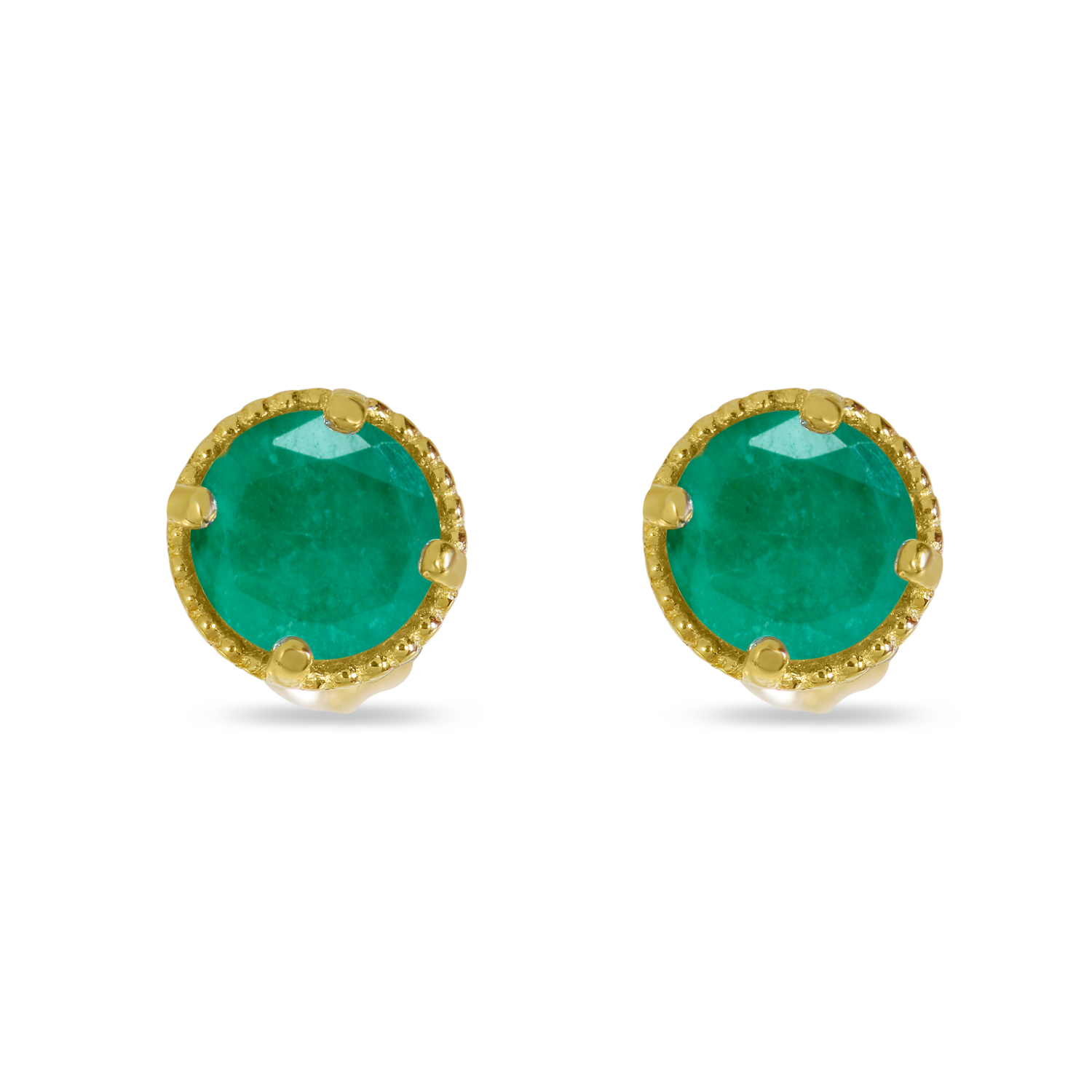 14K Yellow Gold 4mm Round Emerald Millgrain Halo Earrings