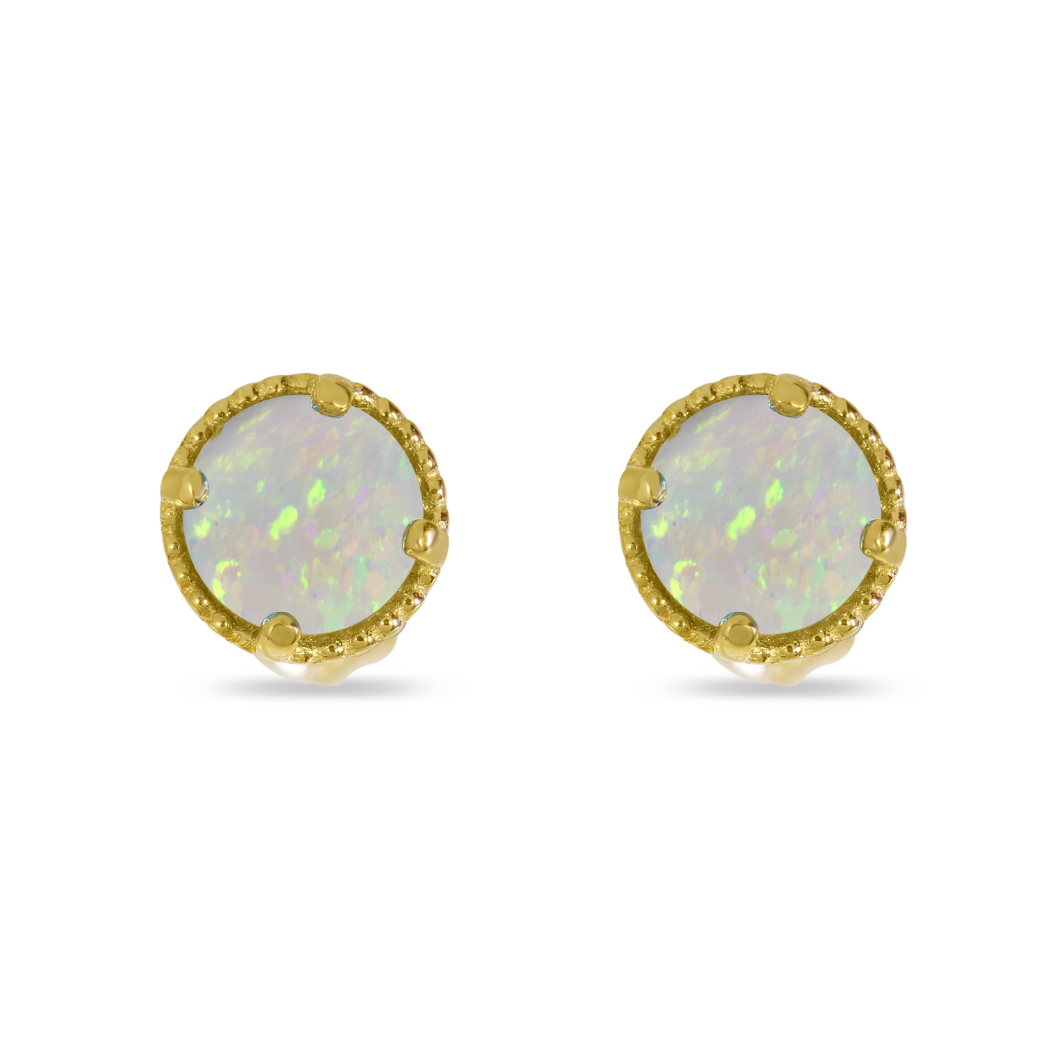 14K Yellow Gold 4mm Round Opal Millgrain Halo Earrings