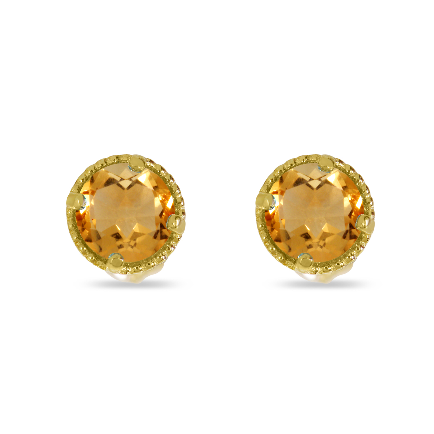 14K Yellow Gold 4mm Round Citrine Millgrain Halo Earrings