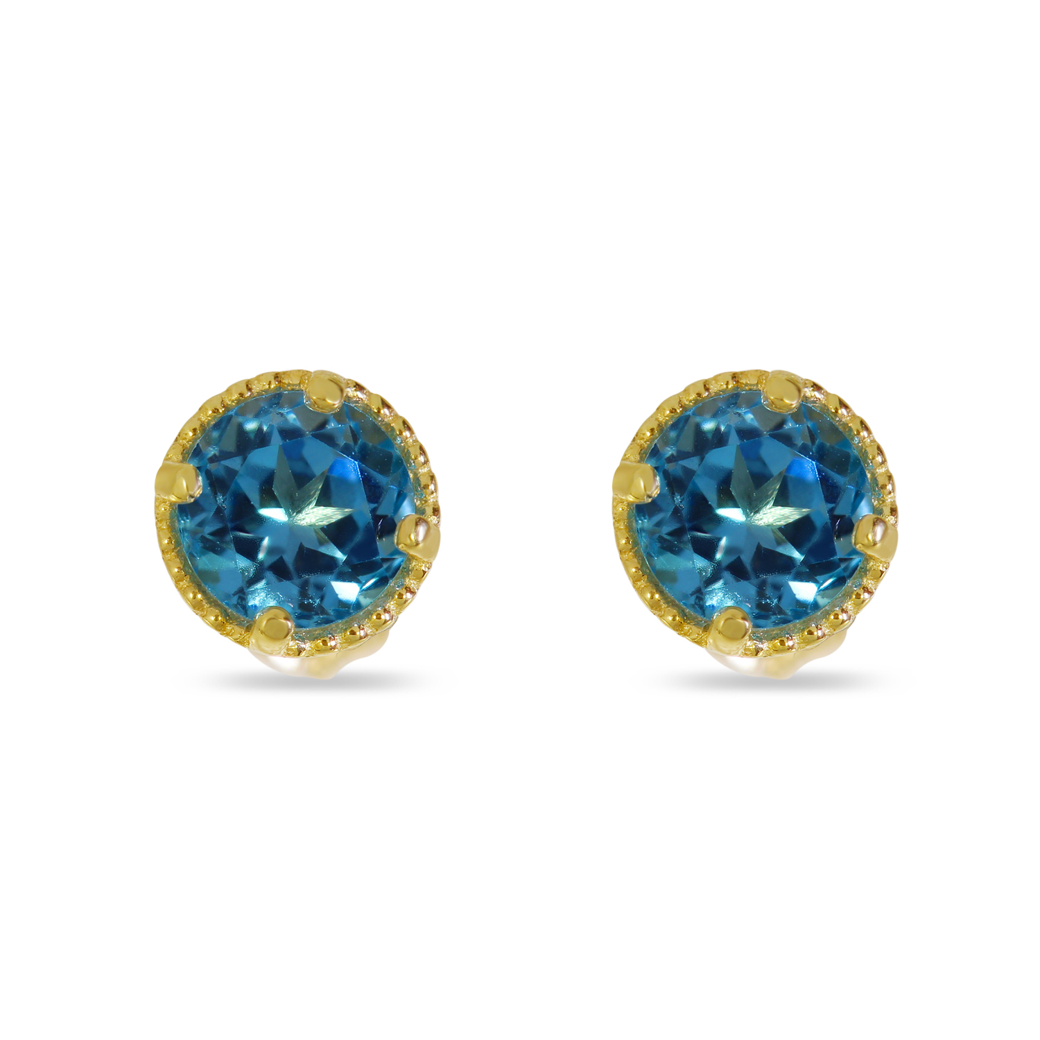 14K Yellow Gold 4mm Round Blue Topaz Millgrain Halo Birthstone Earrings