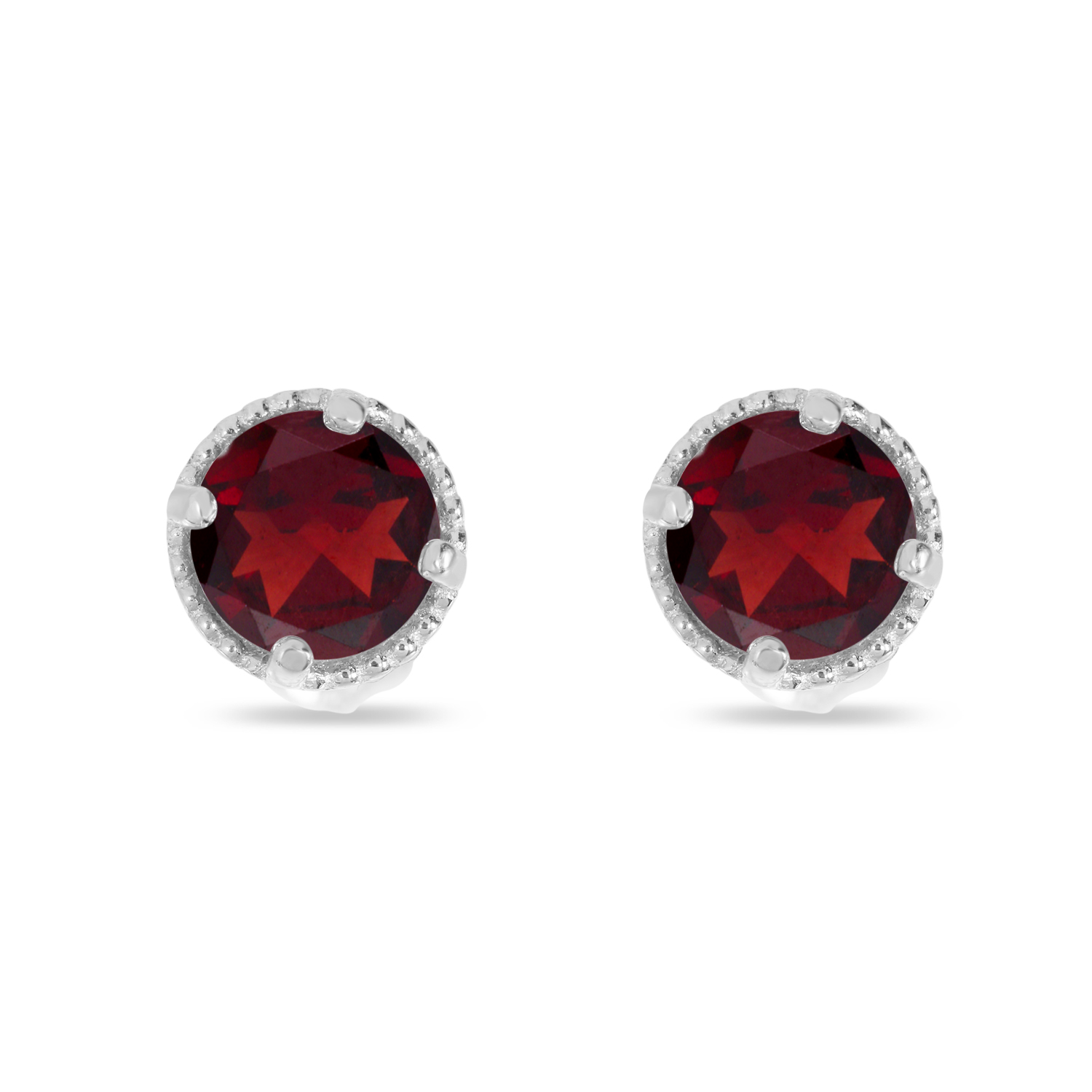 14K White Gold 4mm Round Garnet Millgrain Halo Earrings