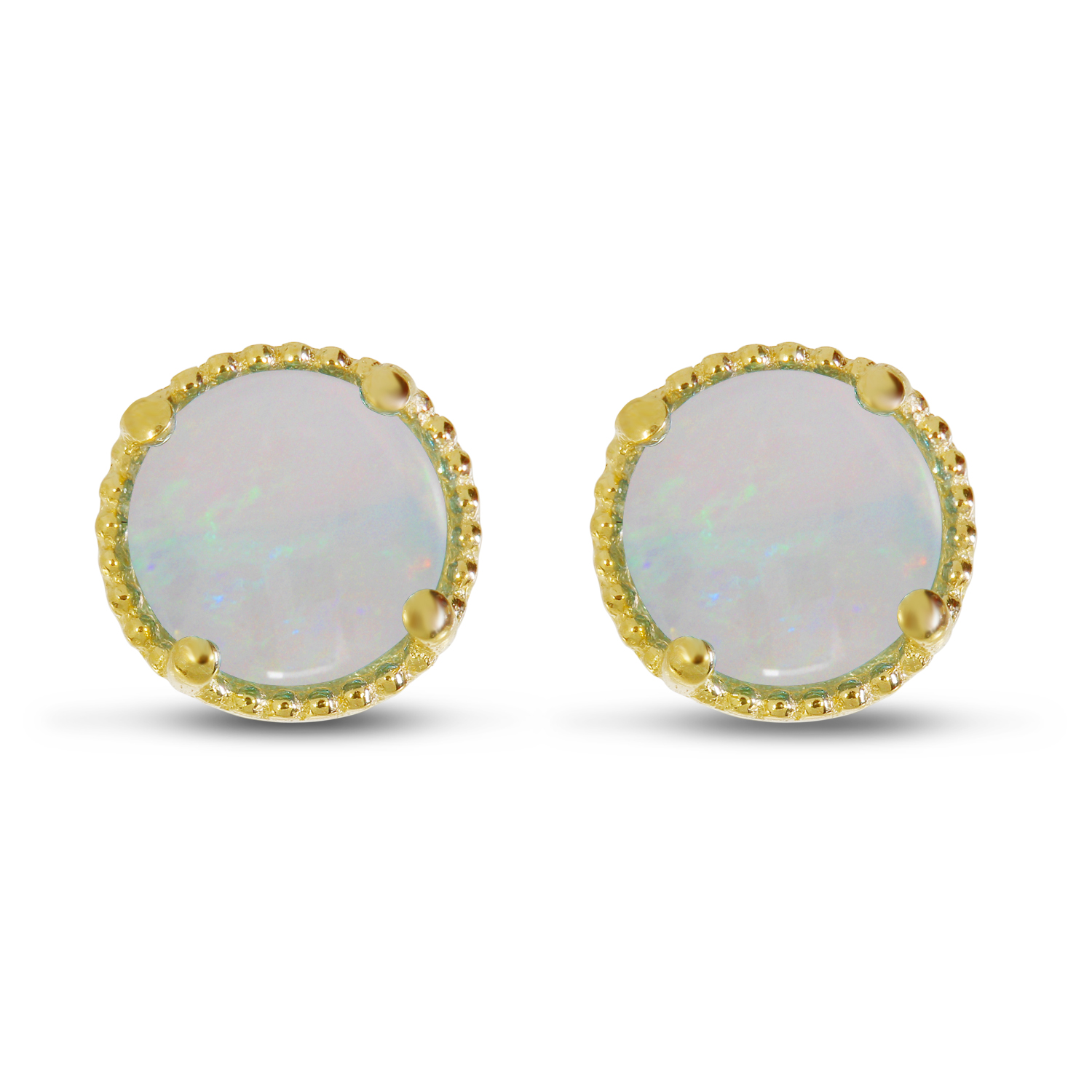 14K Yellow Gold 5mm Round Opal Millgrain Halo Earrings