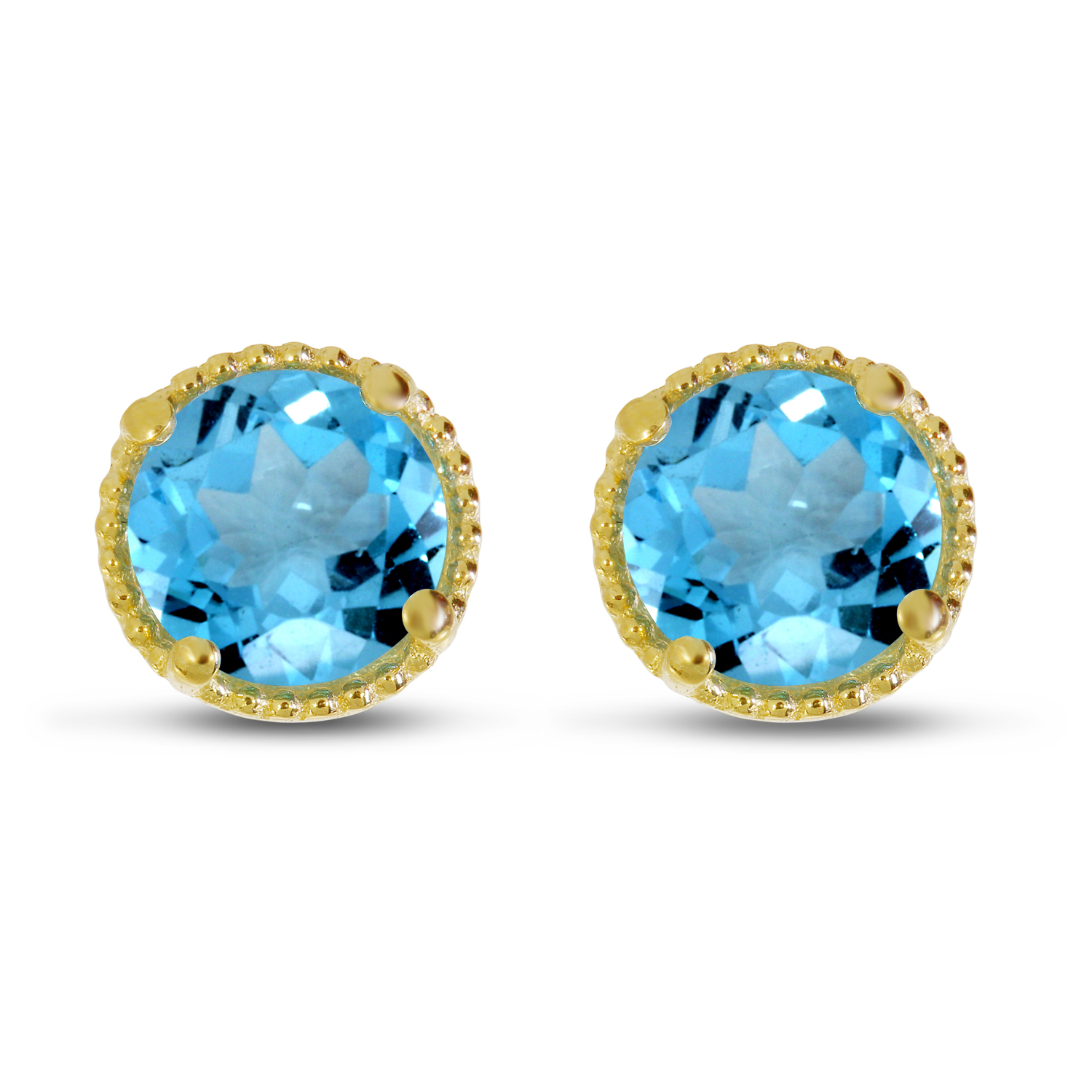 14K Yellow Gold 5mm Round Blue Topaz Millgrain Halo Earrings