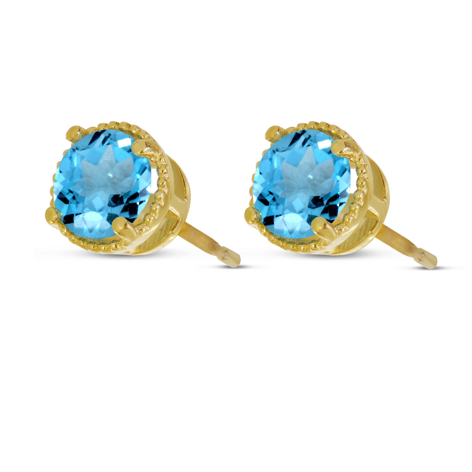 14K Yellow Gold 5mm Round Blue Topaz Millgrain Halo Earrings
