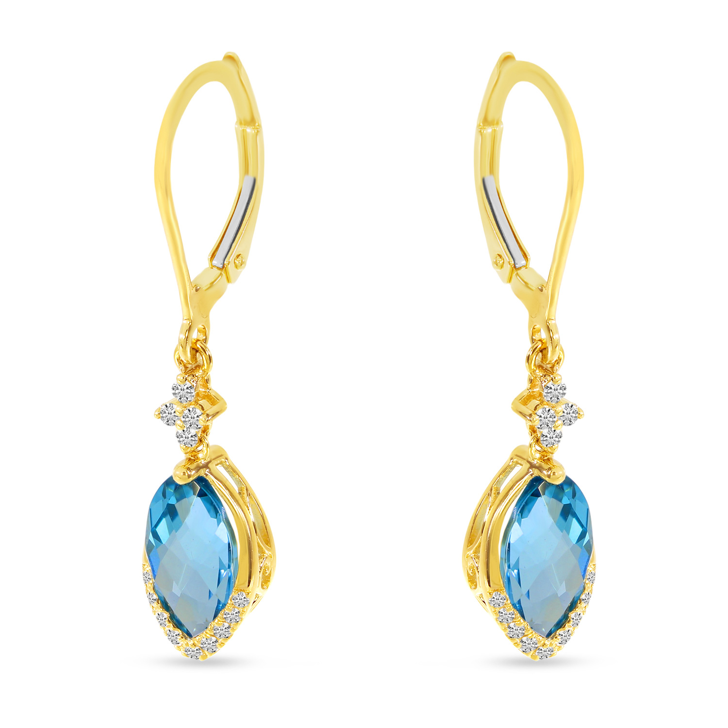 14K Yellow Gold Marquise Blue Topaz Dangle with Diamond Leverback Earrings